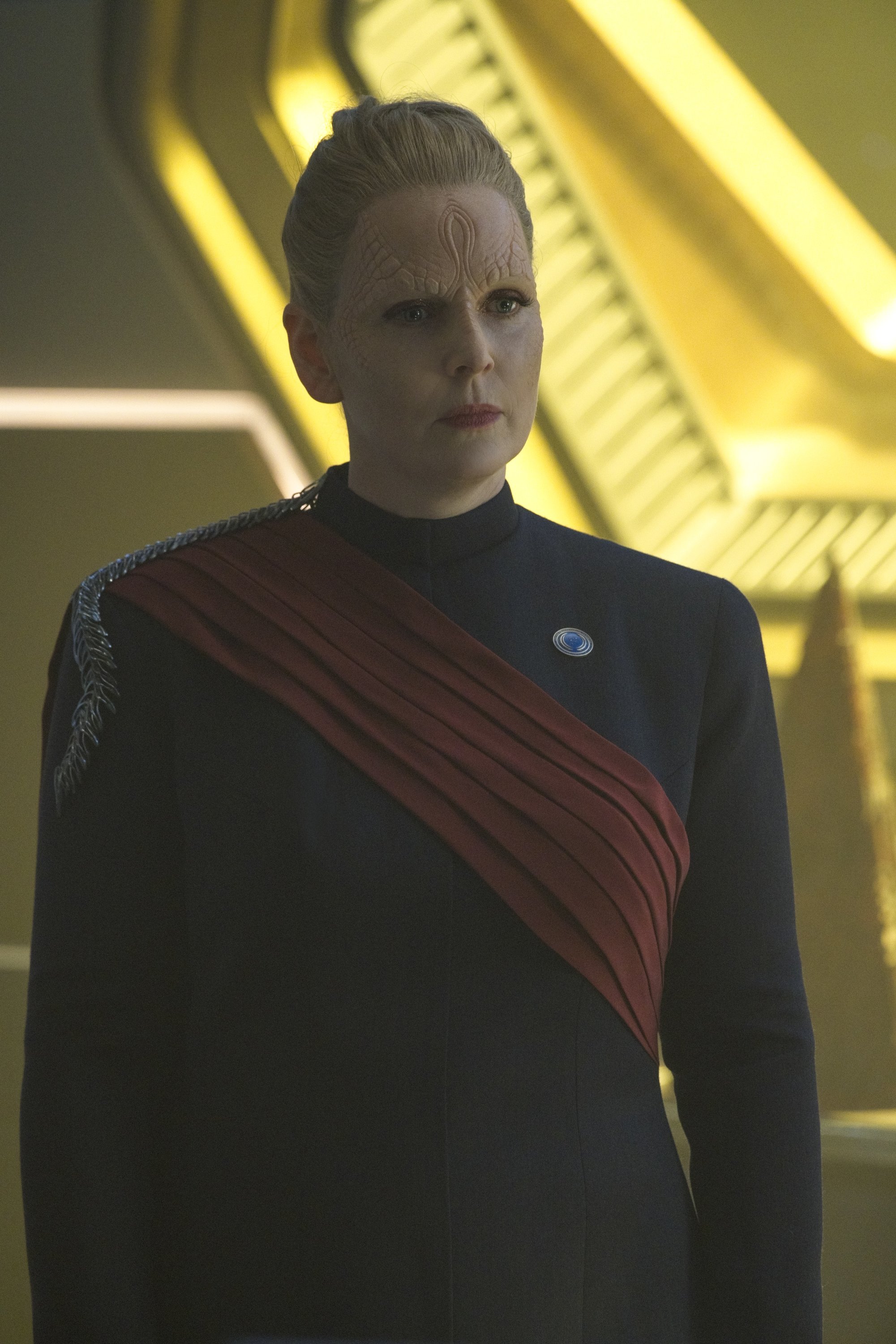   Pictured: Chelah Horsdal as President Laira Rillak of the Paramount+ original series STAR TREK: DISCOVERY. Photo Cr: Michael Gibson/Paramount+ © 2021 CBS Interactive. All Rights Reserved.  