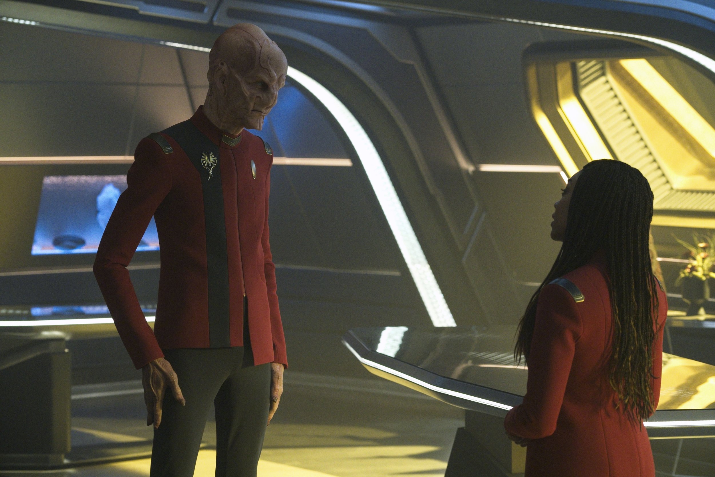   Pictured: Doug Jones as Saru and Sonequa Martin Green as Burnham of the Paramount+ original series STAR TREK: DISCOVERY. Photo Cr: Michael Gibson/Paramount+ © 2021 CBS Interactive. All Rights Reserved.  
