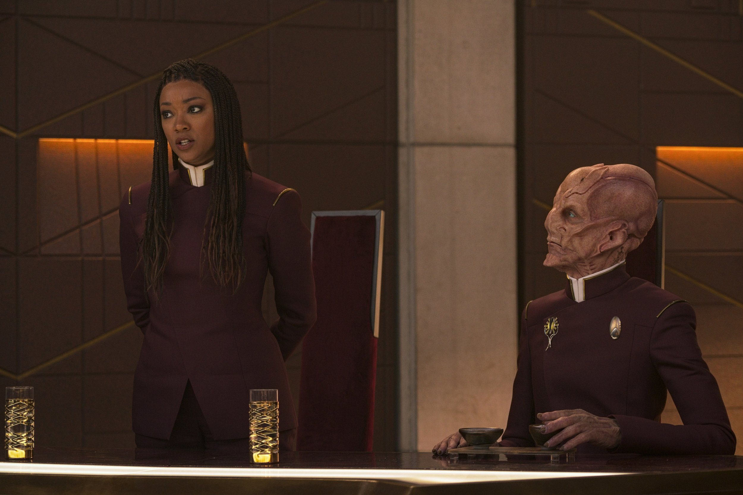   Pictured: Sonequa Martin Green as Burnham and Doug Jones as Saru of the Paramount+ original series STAR TREK: DISCOVERY. Photo Cr: Michael Gibson/Paramount+ © 2021 CBS Interactive. All Rights Reserved.  