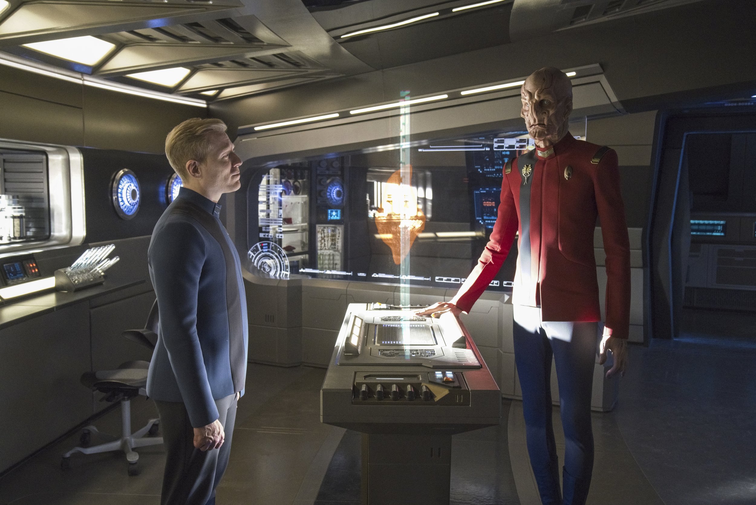   Pictured: Anthony Rapp as Stamets and Doug Jones as Saru of the Paramount+ original series STAR TREK: DISCOVERY. Photo Cr: Michael Gibson/Paramount+ (C) 2021 CBS Interactive. All Rights Reserved.  