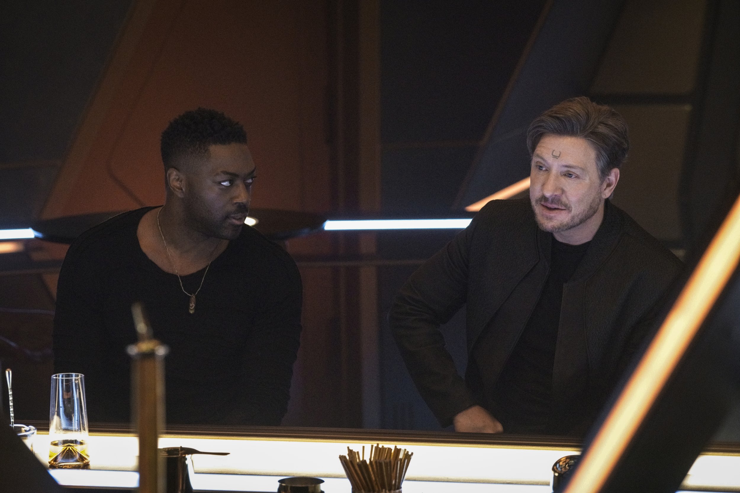   Pictured: David Ajala as Book and Shawn Doyle as Ruon Tarka of the Paramount+ original series STAR TREK: DISCOVERY. Photo Cr: Michael Gibson/Paramount+ (C) 2021 CBS Interactive. All Rights Reserved.  