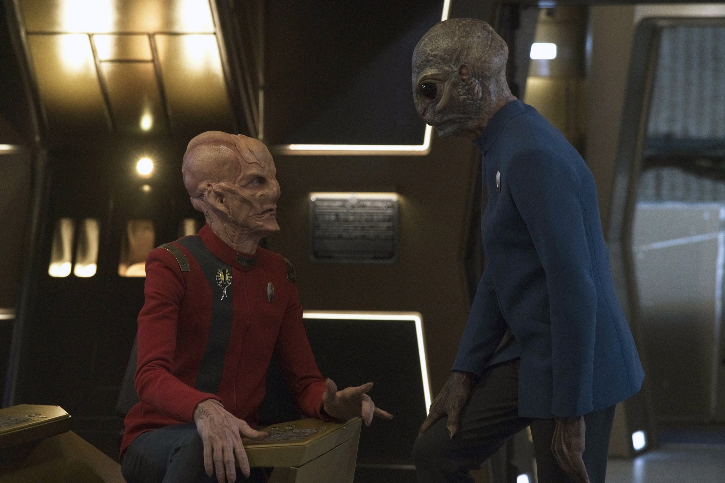   Pictured: Doug Jones as Saru and David Benjamin Tomlinson as Linus of the Paramount+ original series STAR TREK: DISCOVERY. Photo Cr: Michael Gibson/Paramount+ (C) 2021 CBS Interactive. All Rights Reserved.  