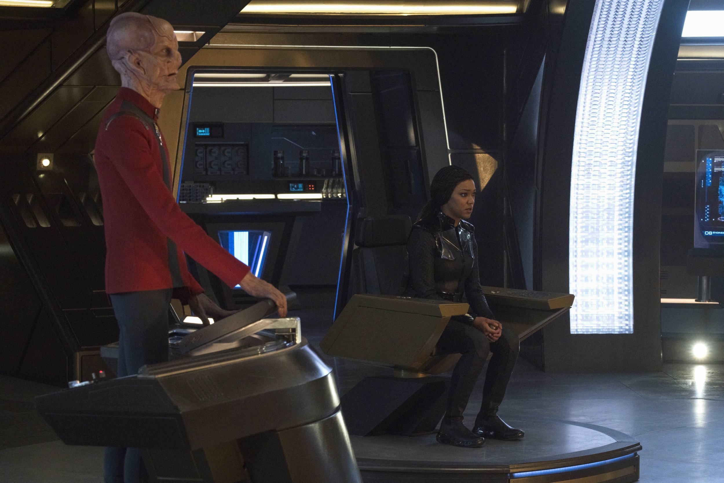   Pictured: Doug Jones as Saru and Sonequa Martin Green a Burnham of the Paramount+ original series STAR TREK: DISCOVERY. Photo Cr: Michael Gibson/Paramount+ (C) 2021 CBS Interactive. All Rights Reserved.  