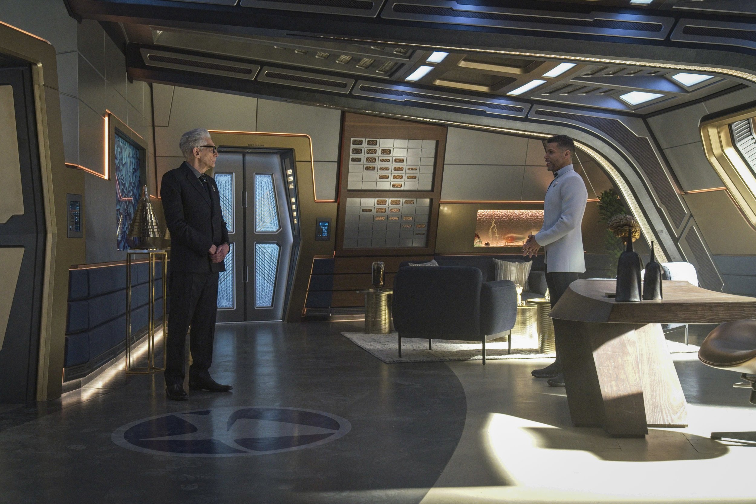   Pictured: David Cronenberg as Kovich and Wilson Cruz as Culber of the Paramount+ original series STAR TREK: DISCOVERY. Photo Cr: Michael Gibson/Paramount+ (C) 2021 CBS Interactive. All Rights Reserved.  