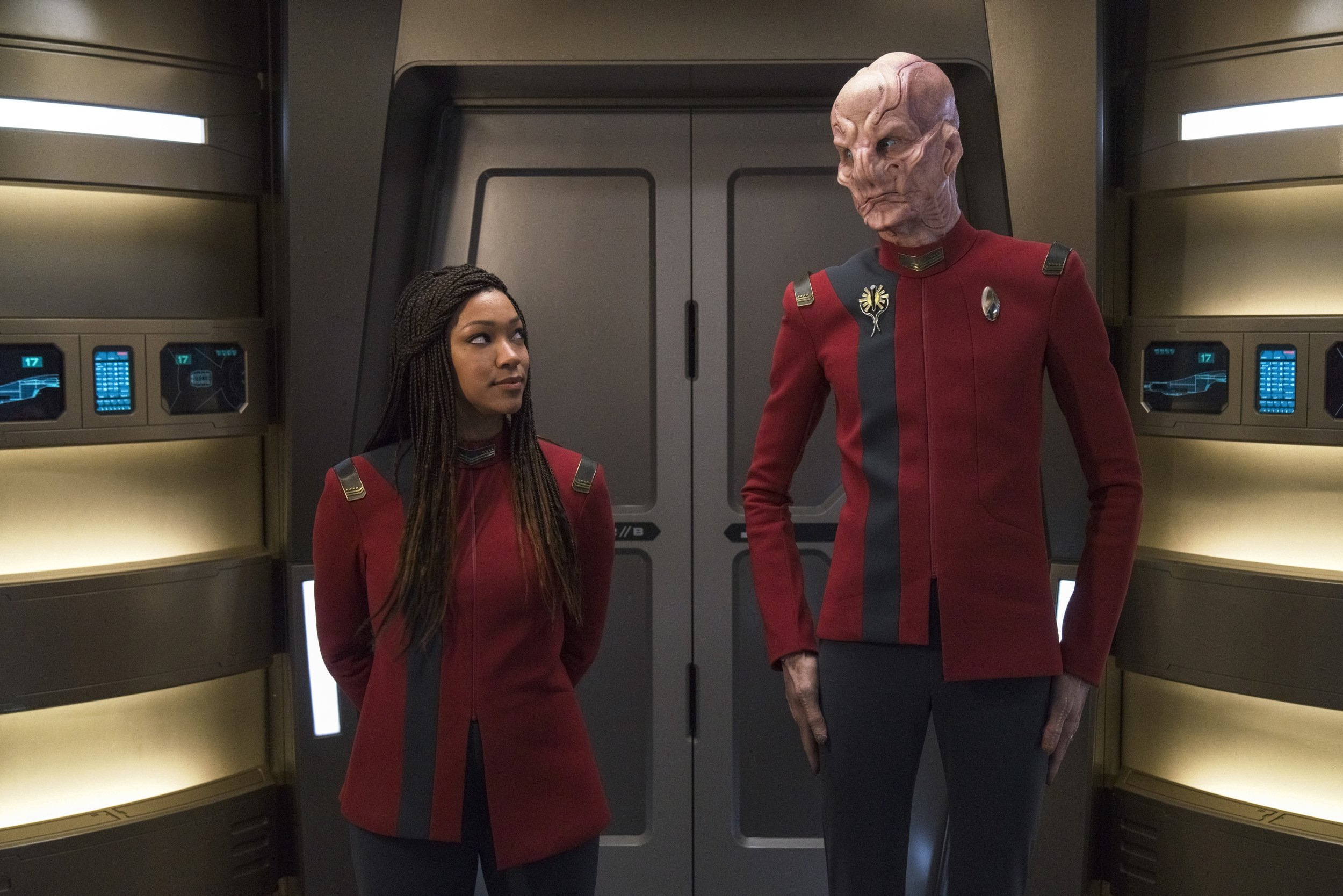   Pictured: Sonequa Martin Green as Burnham and Doug Jones as Saru of the Paramount+ original series STAR TREK: DISCOVERY. Photo Cr: Michael Gibson/Paramount+ (C) 2021 CBS Interactive. All Rights Reserved.  