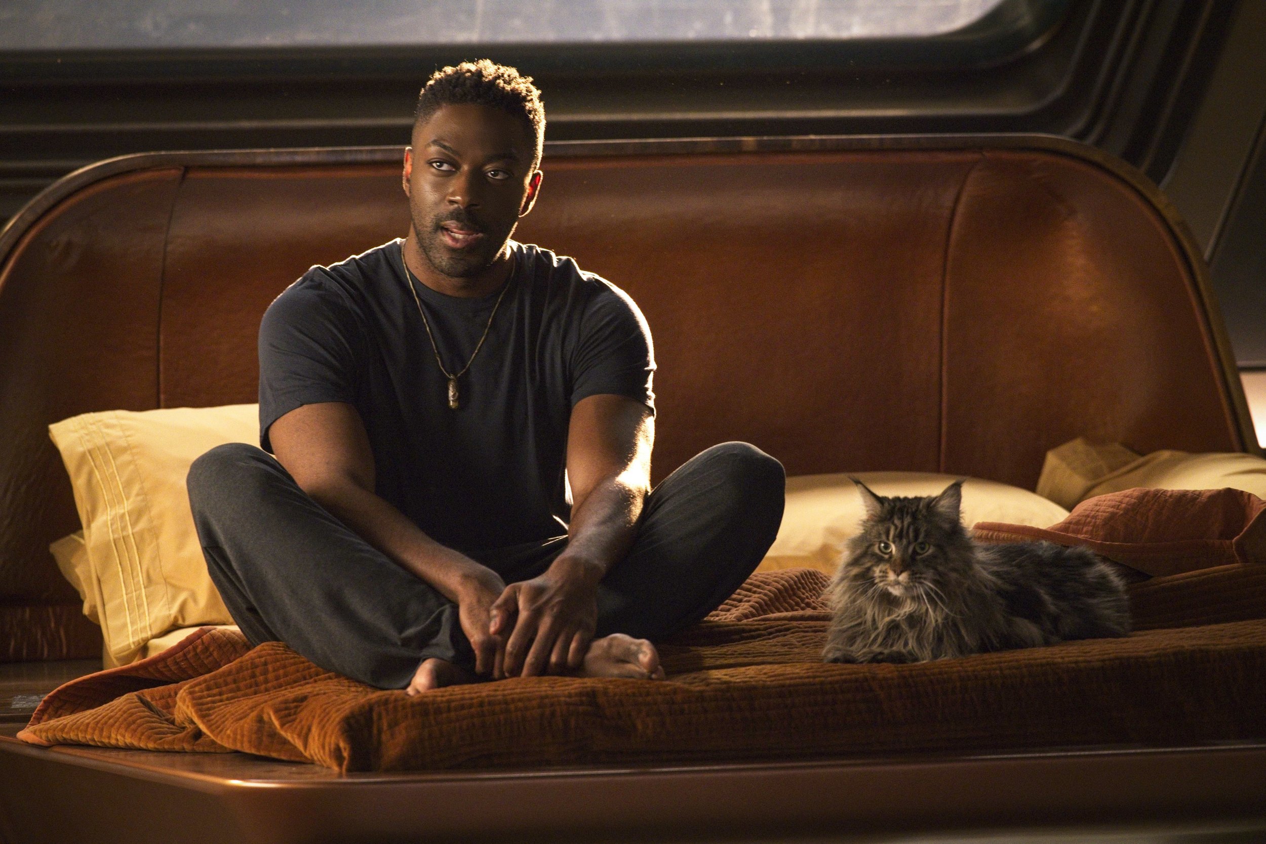   Pictured: David Ajala as Book and Grudge the cat of the Paramount+ original series STAR TREK: DISCOVERY. Photo Cr: Michael Gibson/Paramount+ (C) 2021 CBS Interactive. All Rights Reserved.  