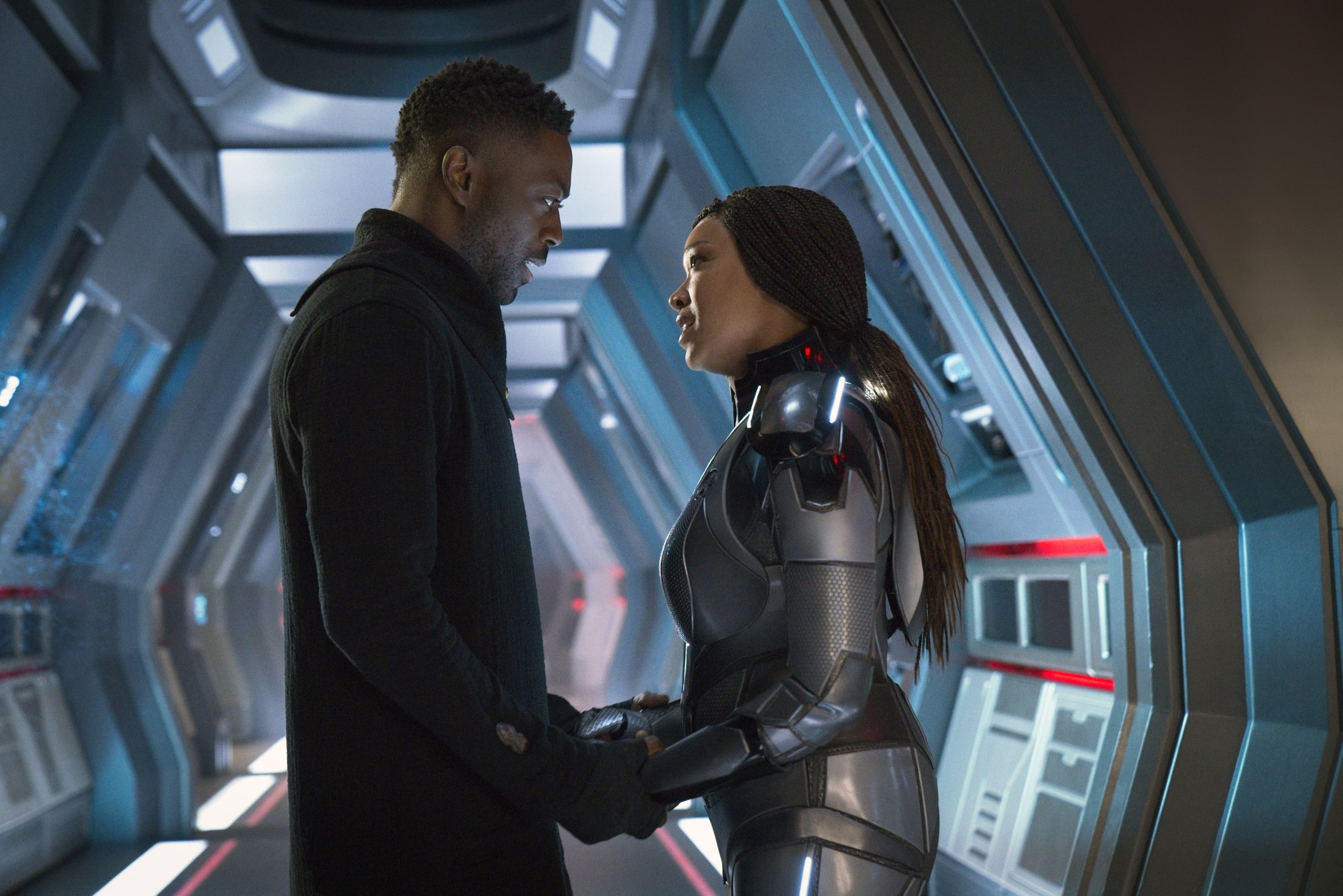   Pictured: David Ajala as Book and Sonequa Martin Green as Burnham of the Paramount+ original series STAR TREK: DISCOVERY. Photo Cr: Michael Gibson/Paramount+ (C) 2021 CBS Interactive. All Rights Reserved.  