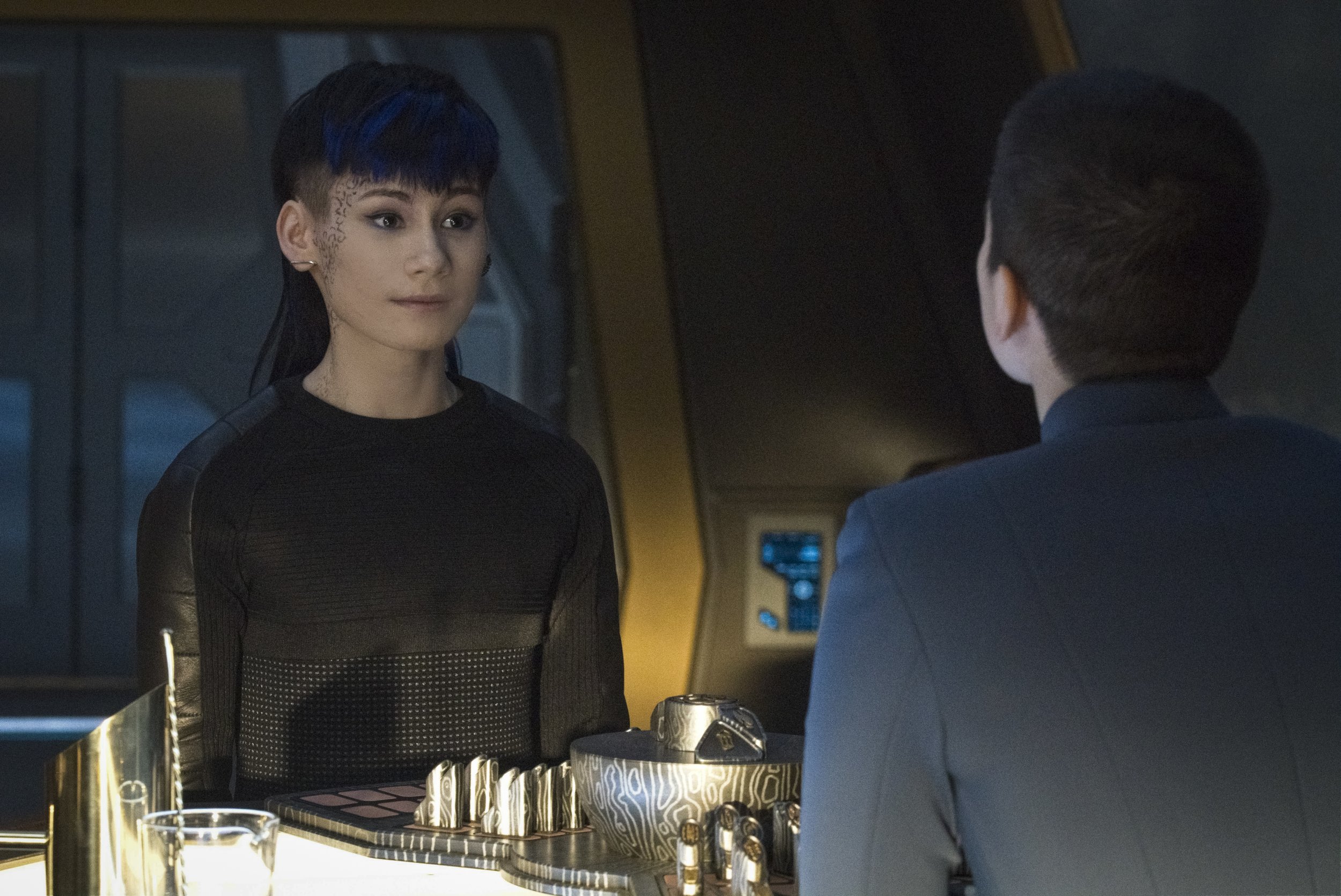   Pictured: Ian Alexander as Gray and Blu del Barrio as Adira of the Paramount+ original series STAR TREK: DISCOVERY. Photo Cr: Michael Gibson/Paramount+ (C) 2021 CBS Interactive. All Rights Reserved.  