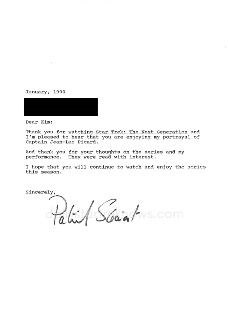   Signed letter from Patrick Stewart, thanking Kim for her letter  