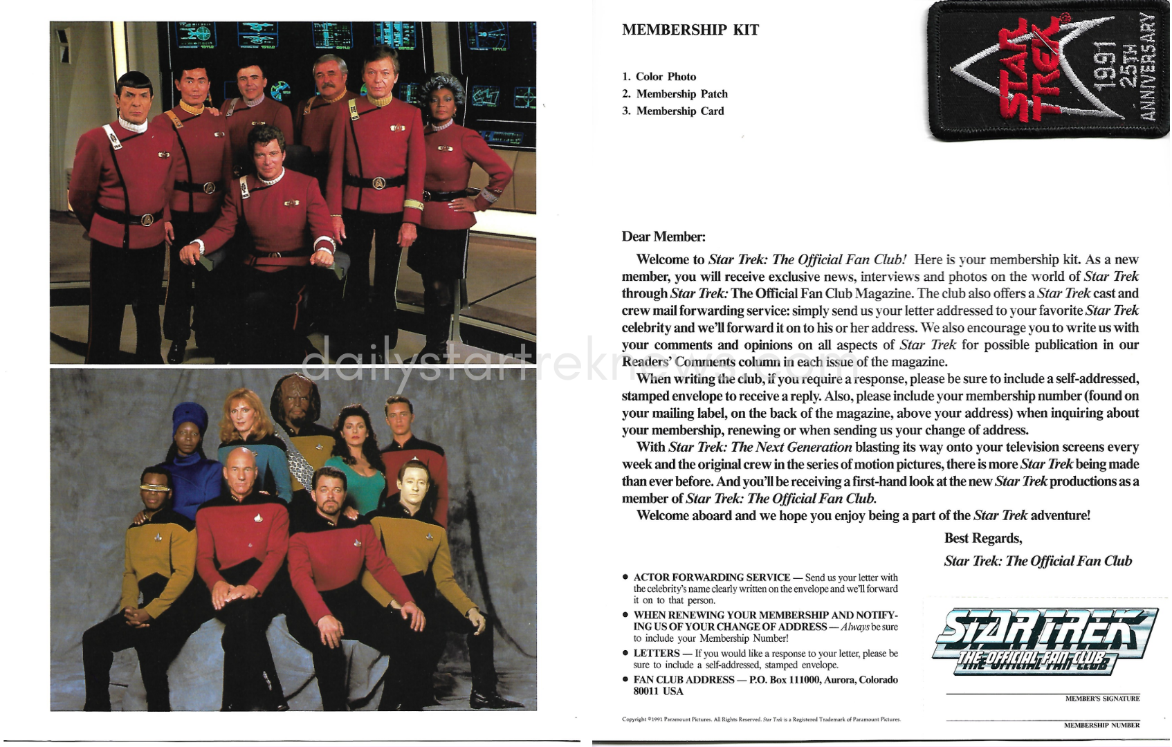   Welcome letter from Star Trek: The Official Fan Club  