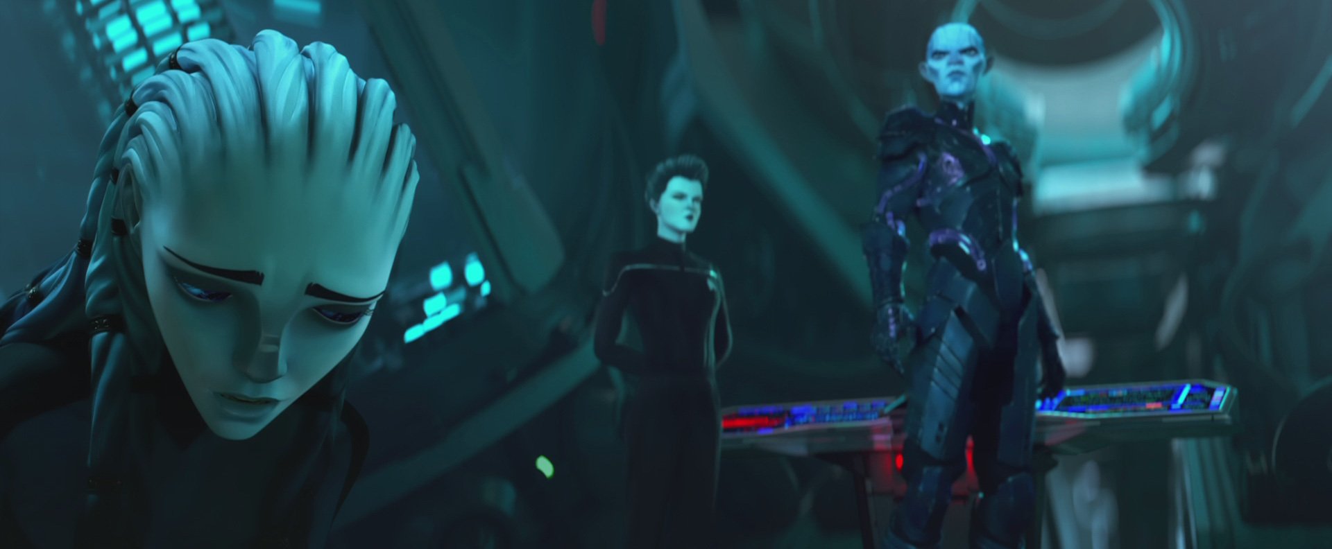   STAR TREK: PRODIGY: Ep#110 -- Ella Purnell as Gwyn, Kate Mulgrew as Janeway and John Noble as The Diviner in STAR TREK: PRODIGY streaming on Paramount+. Photo: Nickelodeon/Paramount+(C)2022 VIACOM INTERNATIONAL. All Rights Reserved.  
