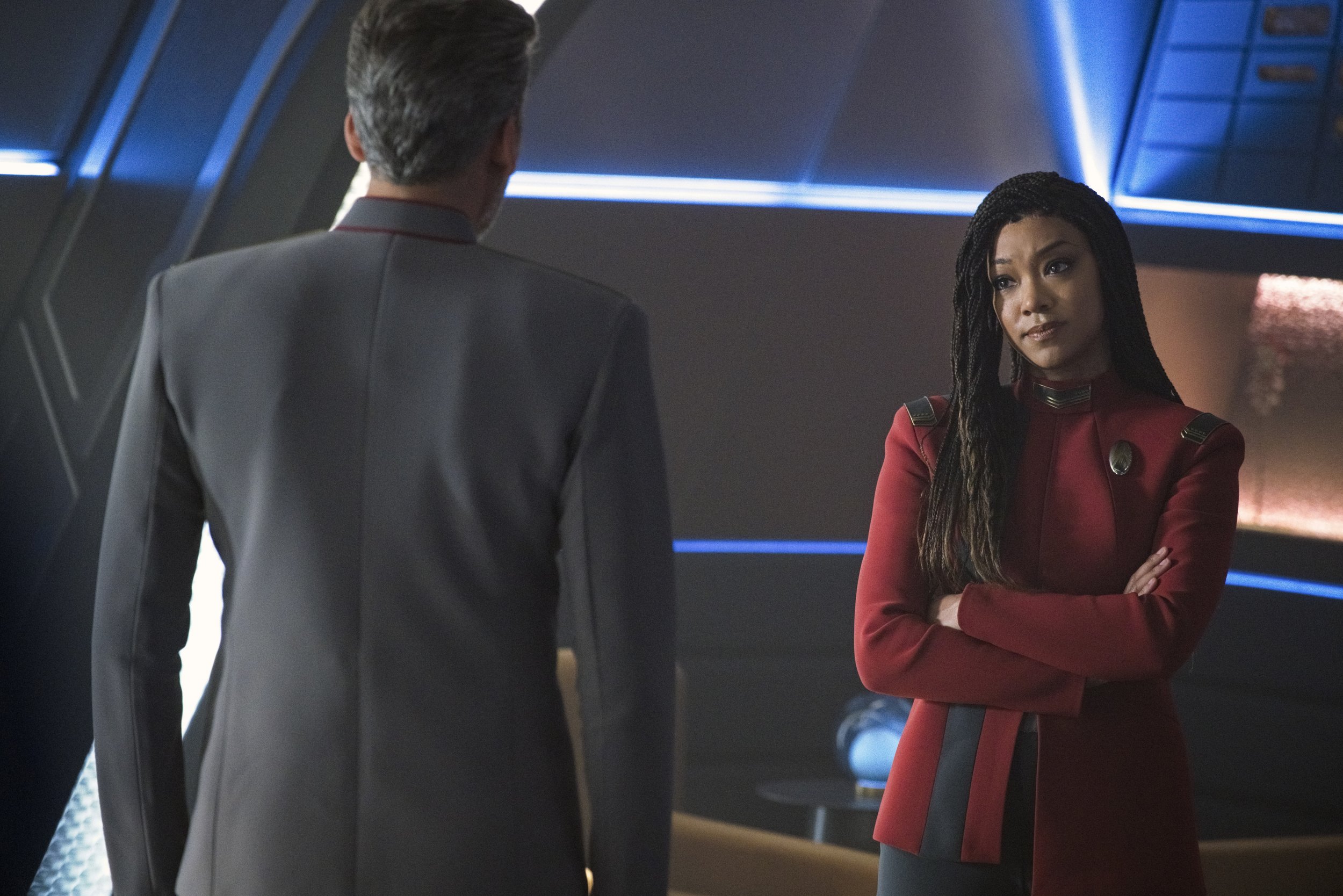   Pictured: Oded Fehr as Admiral Vance and Sonequa Martin-Green as Burnham of the Paramount+ original series STAR TREK: DISCOVERY. Photo Cr: Michael Gibson/Paramount+ (C) 2021 CBS Interactive. All Rights Reserved.  