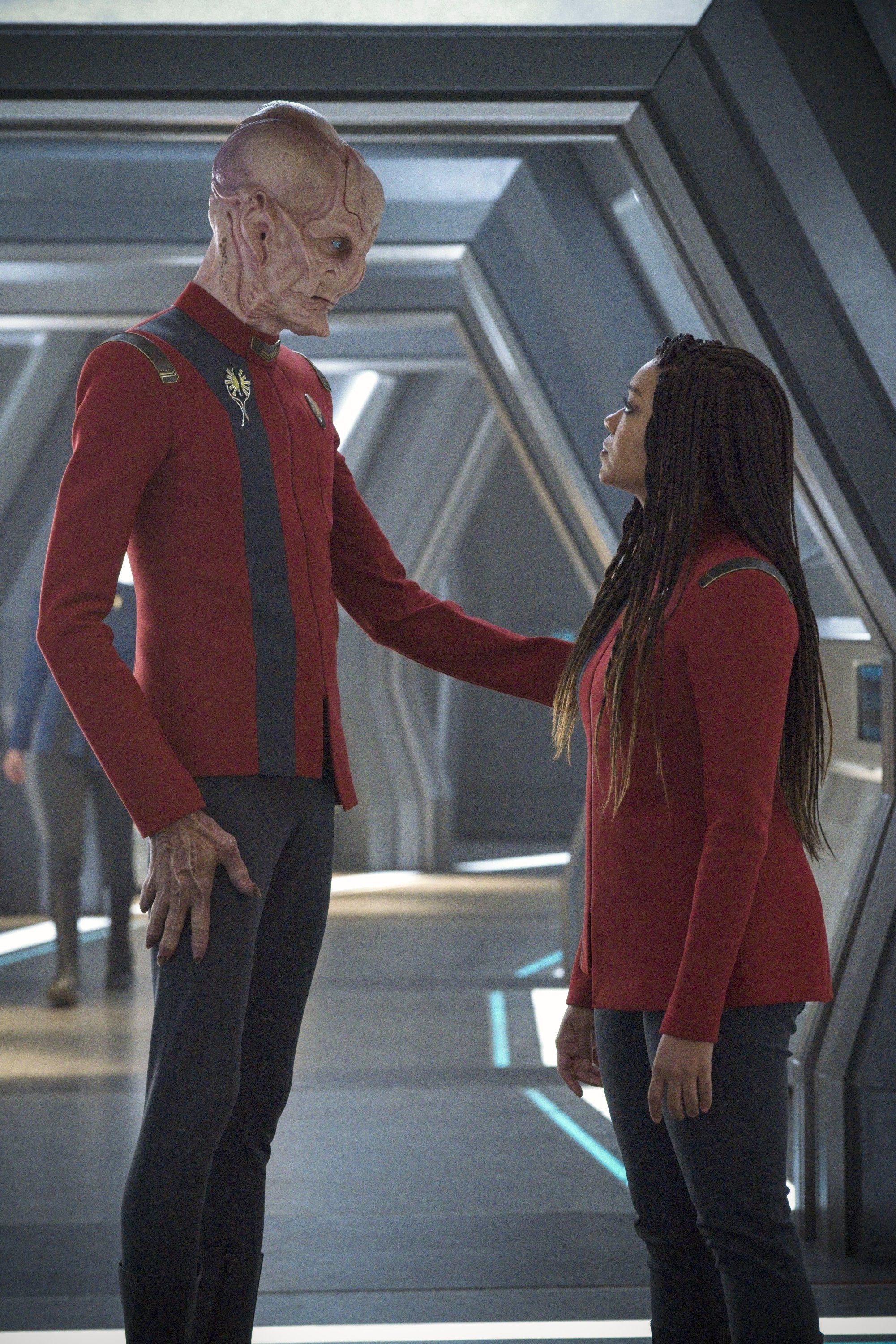   Pictured: Doug Jones as Saru and Sonequa Martin-Green as Burnham of the Paramount+ original series STAR TREK: DISCOVERY. Photo Cr: Michael Gibson/Paramount+ (C) 2021 CBS Interactive. All Rights Reserved.  