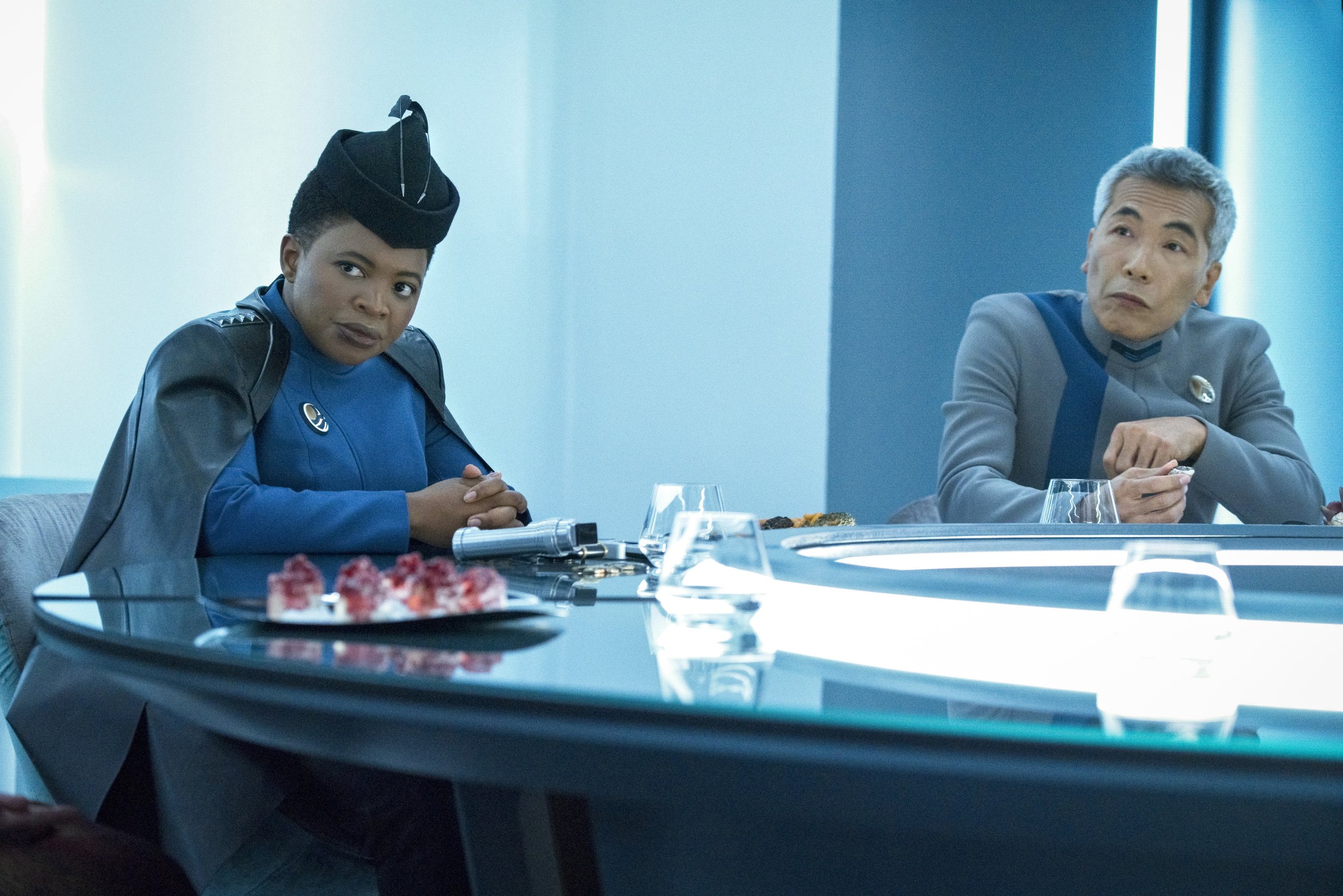  Pictured: Phumzile Sitole as Capt. Ndoye and Hiro Kanagawa as Dr. Hirai of the Paramount+ original series STAR TREK: DISCOVERY. Photo Cr: Michael Gibson/Paramount+ (C) 2021 CBS Interactive. All Rights Reserved.  