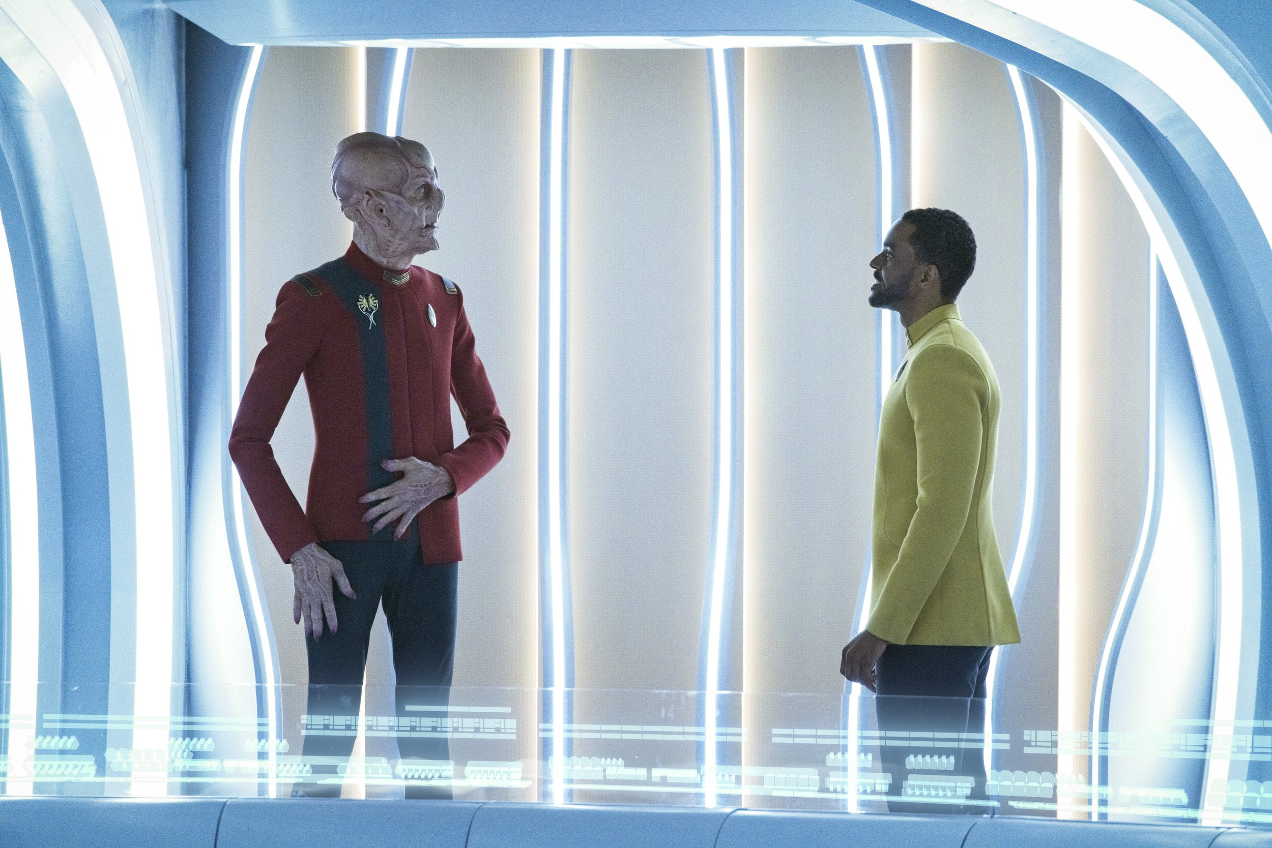   Pictured: Doug Jones as Saru and Ronnie Rowe as Lt. Bryce of the Paramount+ original series STAR TREK: DISCOVERY. Photo Cr: Michael Gibson/Paramount+ (C) 2021 CBS Interactive. All Rights Reserved.  