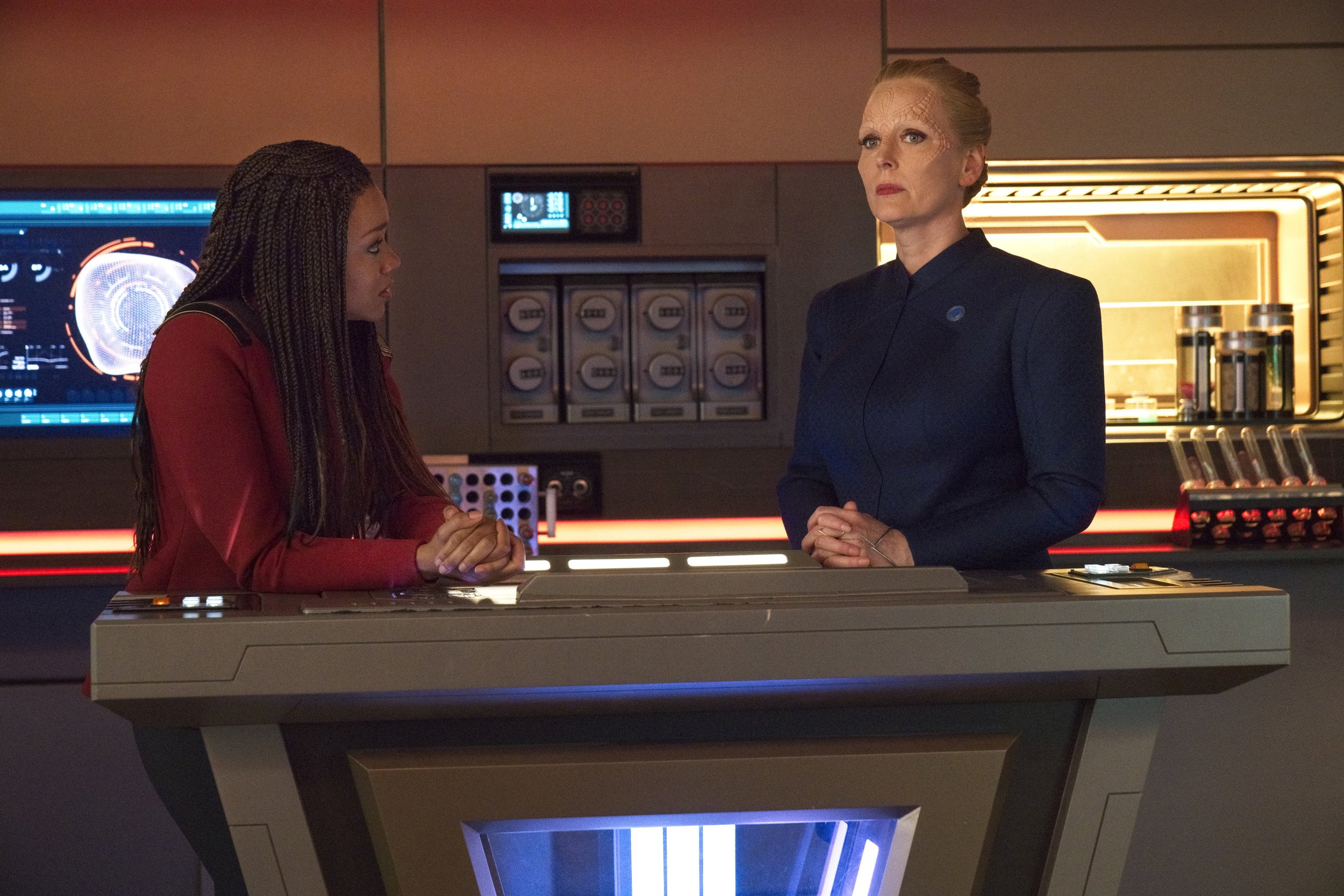   Pictured: Sonequa Martin Green as Burnham and Chelah Horsdal as President Laira Rillak of the Paramount+ original series STAR TREK: DISCOVERY. Photo Cr: Michael Gibson/Paramount+ (C) 2021 CBS Interactive. All Rights Reserved.  