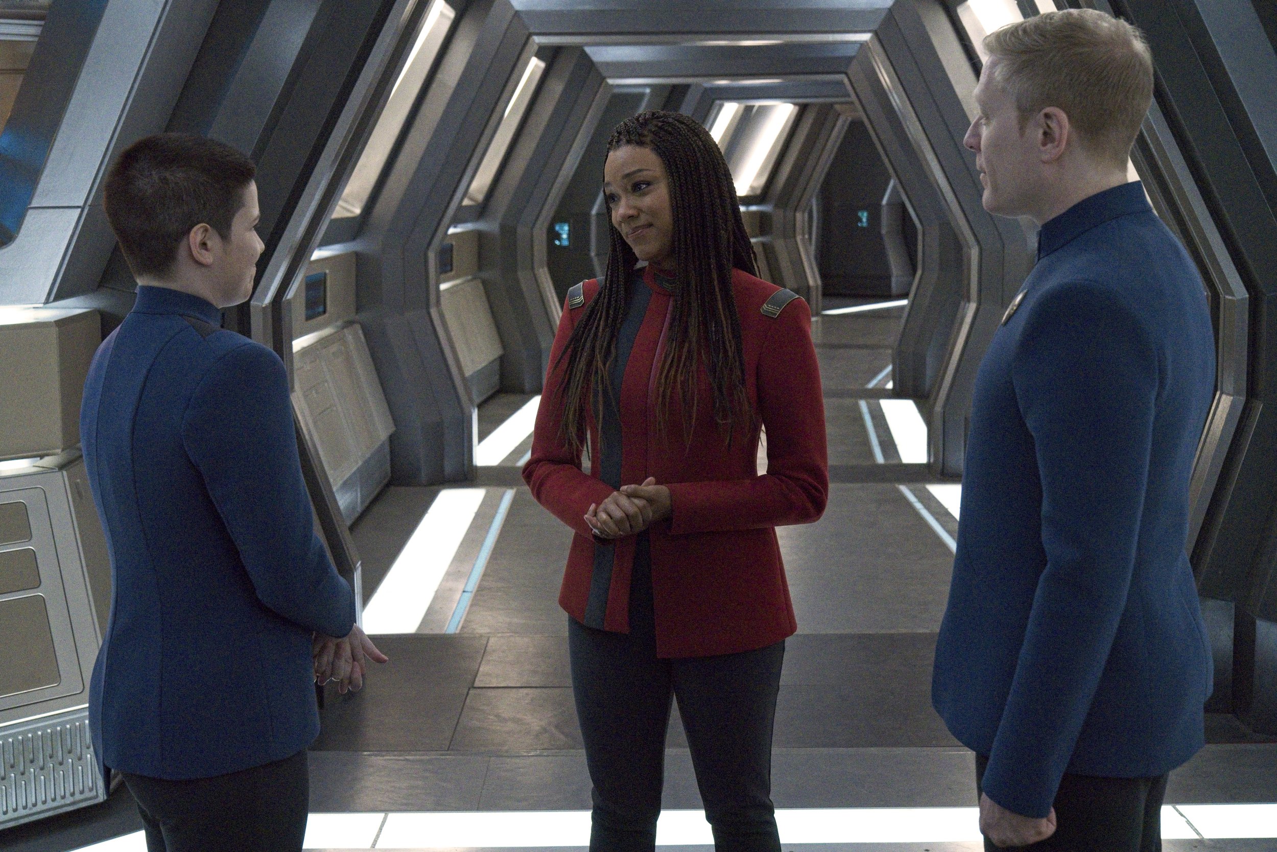   Pictured: Blu del Barrio as Adira, Sonequa Martin Green as Burnham and Anthony Rapp as Stamets of the Paramount+ original series STAR TREK: DISCOVERY. Photo Cr: Michael Gibson/Paramount+ (C) 2021 CBS Interactive. All Rights Reserved.  