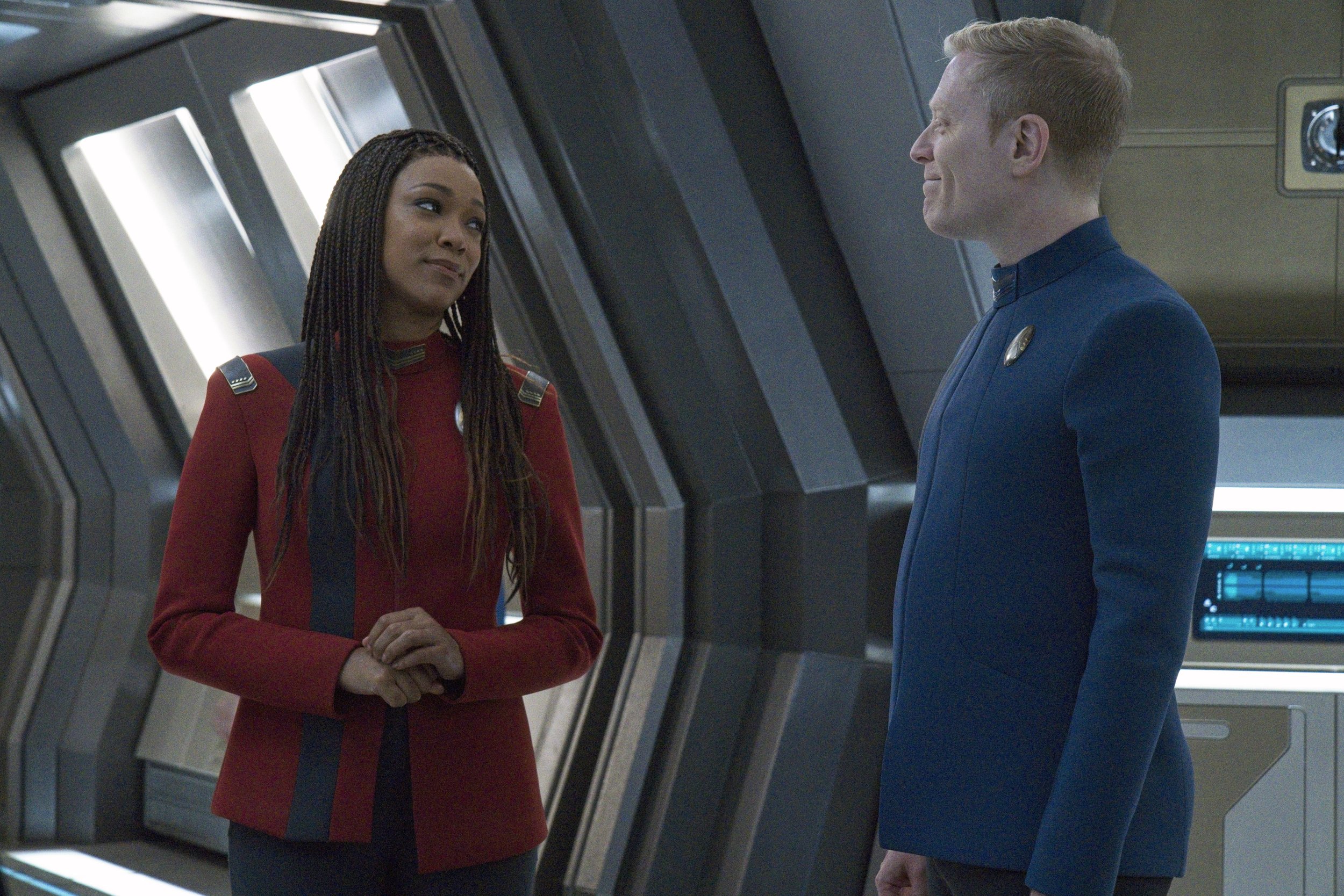   Pictured: Sonequa Martin Green as Burnham and Anthony Rapp as Stamets of the Paramount+ original series STAR TREK: DISCOVERY. Photo Cr: Michael Gibson/Paramount+ (C) 2021 CBS Interactive. All Rights Reserved.  
