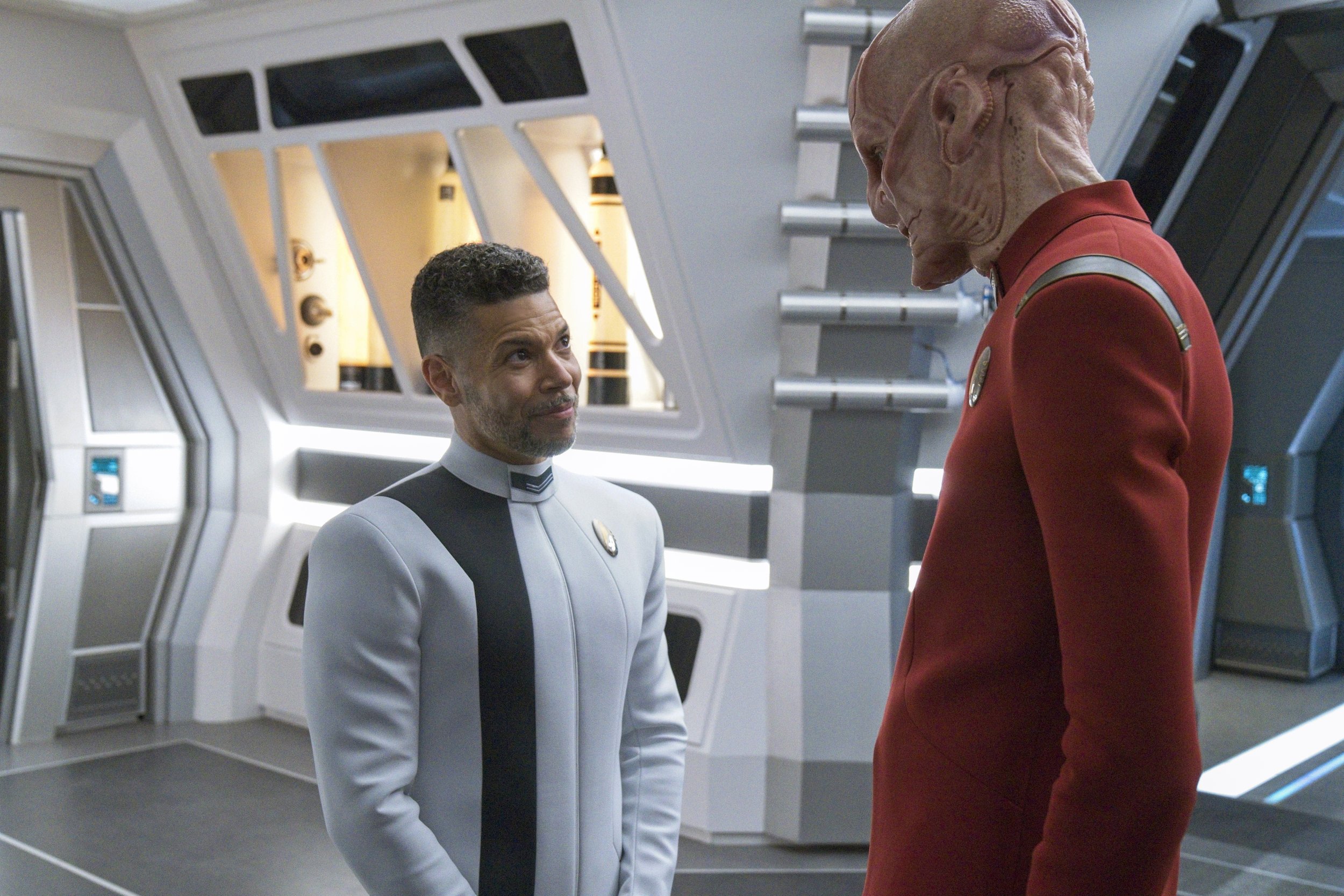   Pictured: Wilson Cruz as Culber and Doug Jones as Saru of the Paramount+ original series STAR TREK: DISCOVERY. Photo Cr: Michael Gibson/Paramount+ (C) 2021 CBS Interactive. All Rights Reserved.  