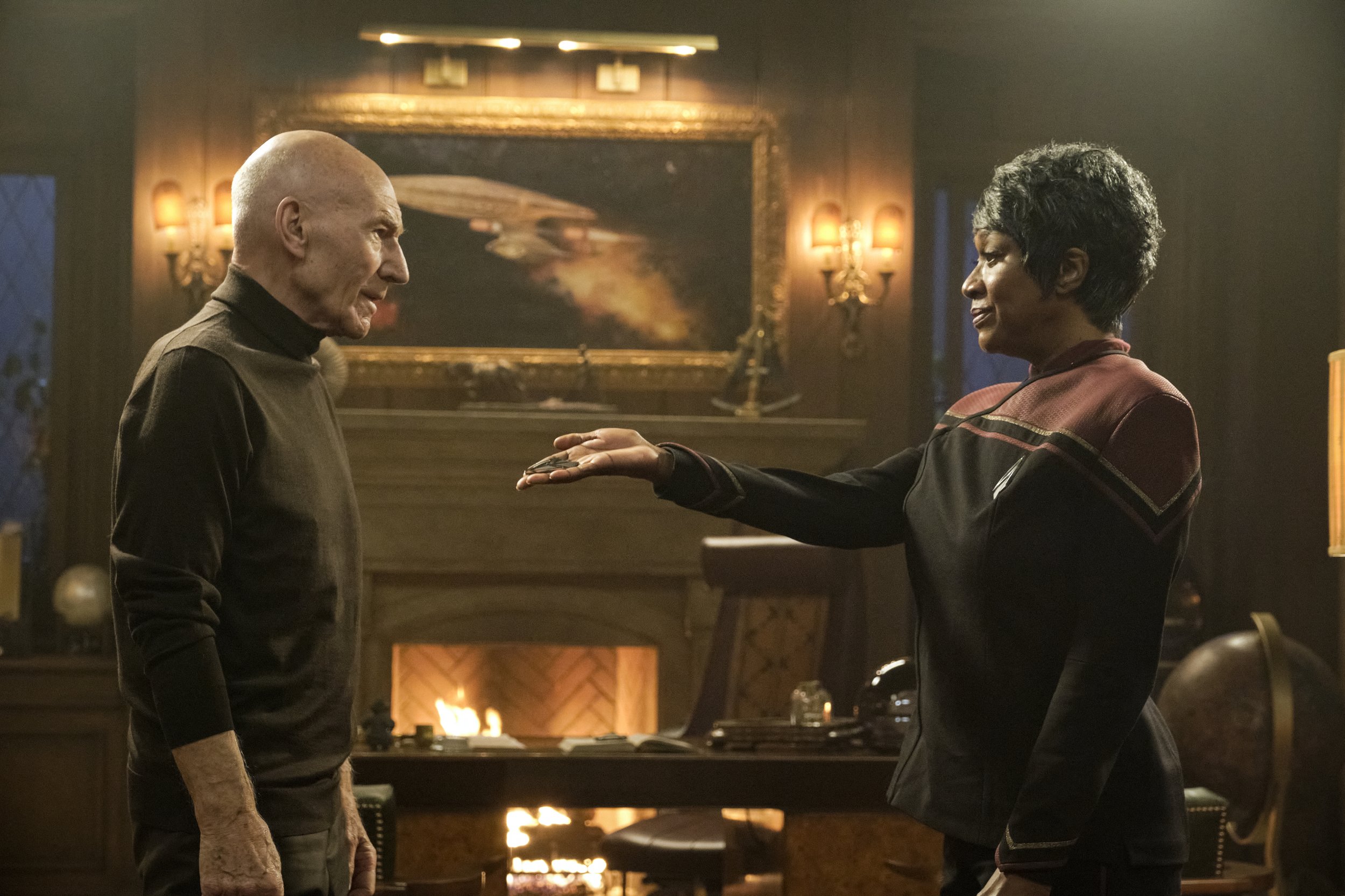   Pictured: Sir Patrick Stewart as Jean-Luc Picard and April Grace as Admiral Whitley of the Paramount+ original series STAR TREK: PICARD. Photo Cr: Trae Patton/Paramount+ (C)2022 ViacomCBS. All Rights Reserved.  
