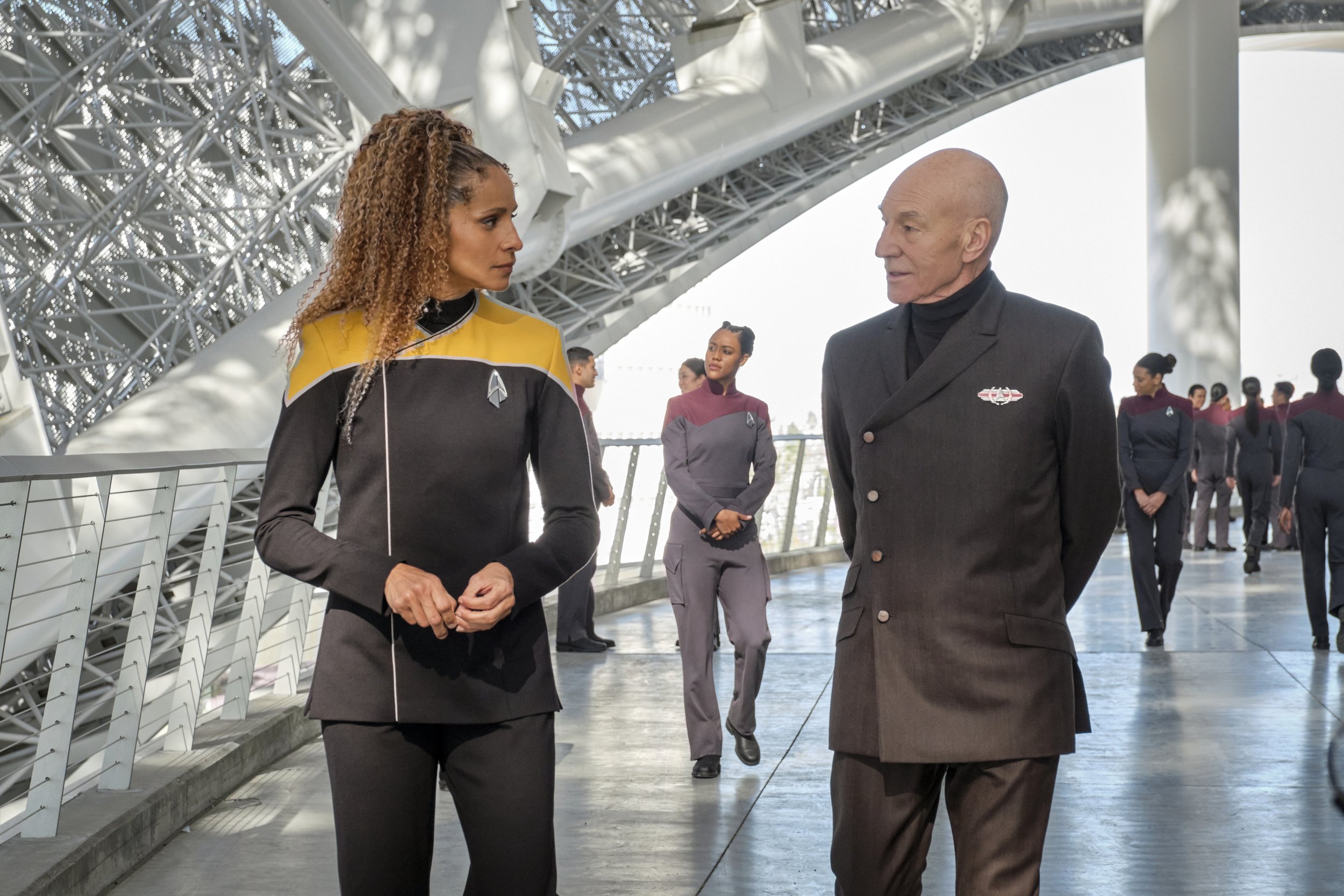   Pictured: Michelle Hurd as Raffi and Sir Patrick Stewart as Jean-Luc Picard of the Paramount+ original series STAR TREK: PICARD. Photo Cr: Trae Patton/Paramount+ (C)2022 ViacomCBS. All Rights Reserved.  