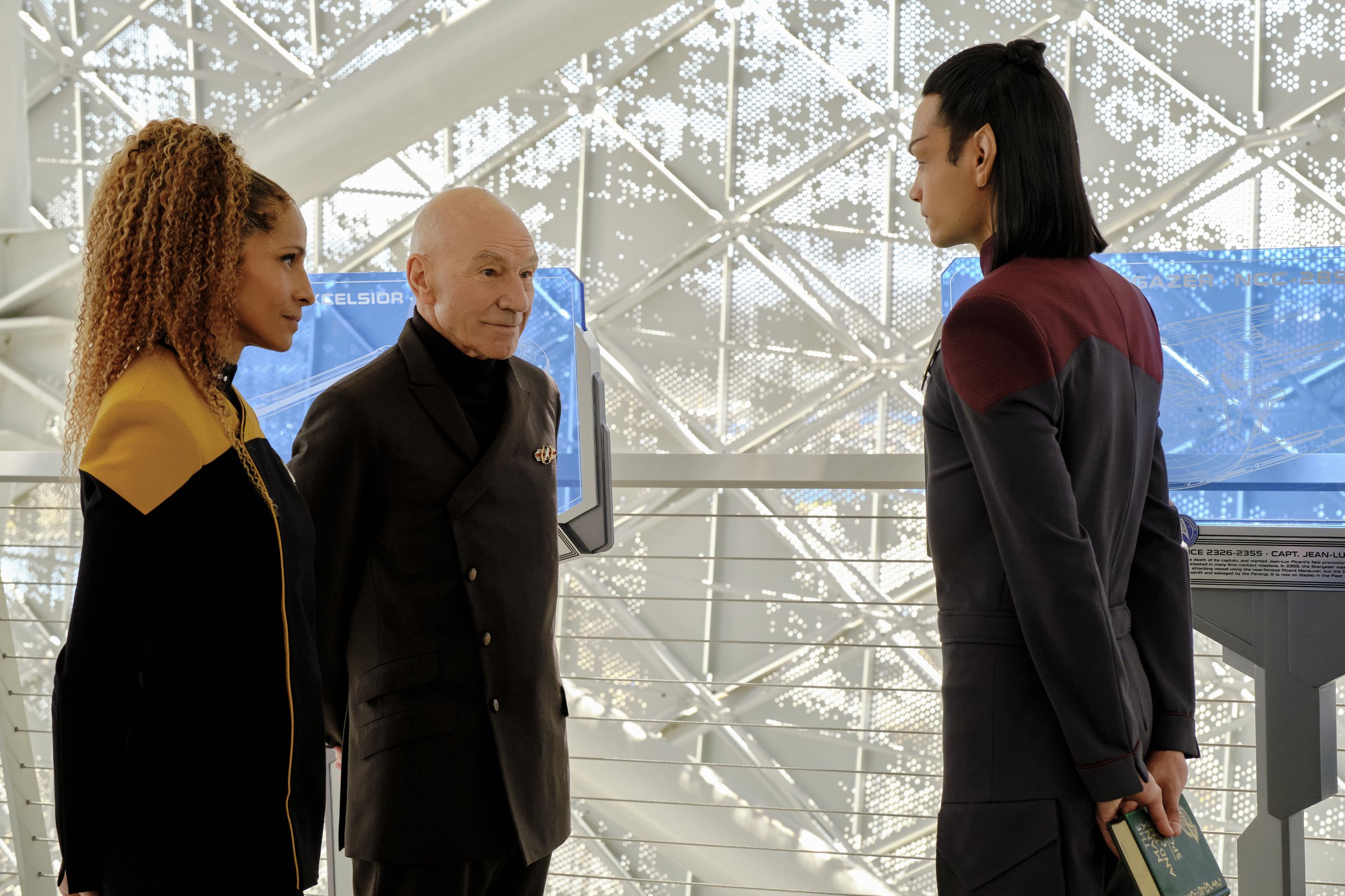   Pictured: Michelle Hurd as Raffi, Sir Patrick Stewart as Jean-Luc Picard and Evan Evagora as Elnor of the Paramount+ original series STAR TREK: PICARD. Photo Cr: Trae Patton/Paramount+ (C)2022 ViacomCBS. All Rights Reserved.  