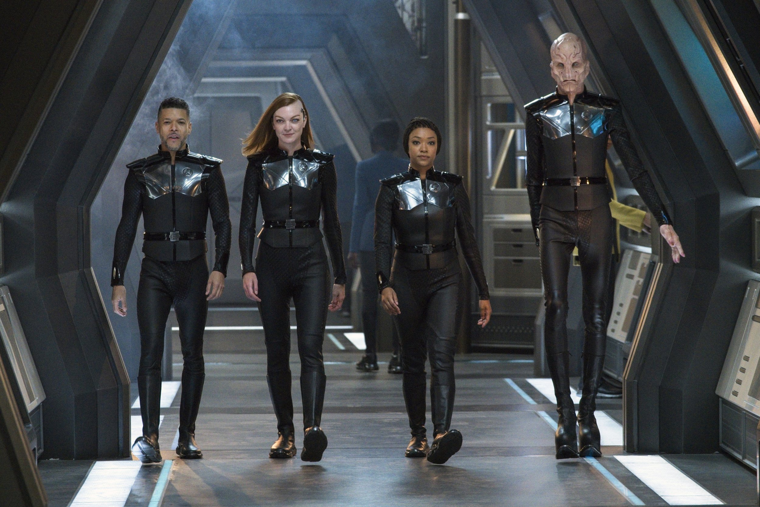   Pictured: Wilson Cruz as Culber, Emily Coutts as Detmer, Sonequa Martin-Green as Burnham and Doug Jones as Saru of the Paramount+ original series STAR TREK: DISCOVERY. Photo Cr: Michael Gibson/Paramount+ (C) 2021 CBS Interactive. All Rights Reserve