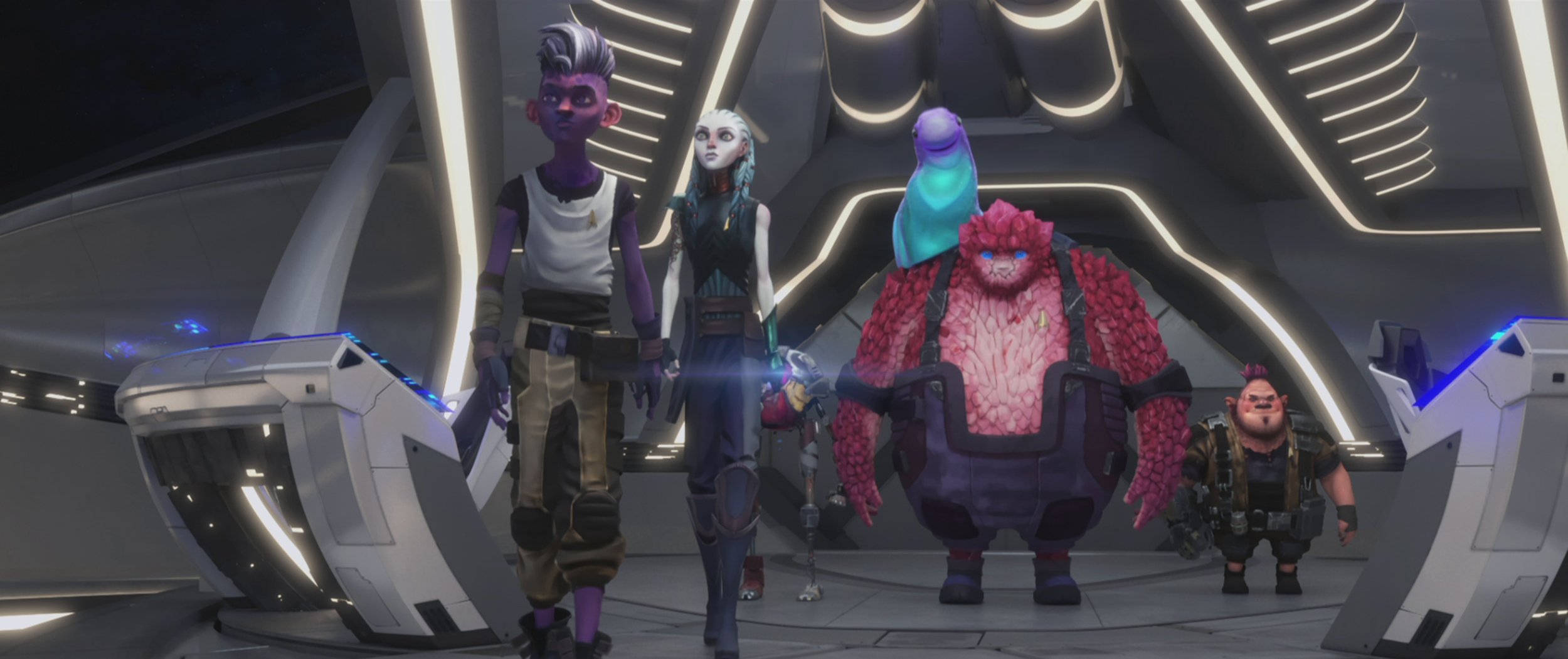   Brett Gray  as Dal,  Ella Purnell  as Gwyn,  Angus Imrie  as Zero,  Dee Bradley Baker  as Murf,  Rylee Alazraqui  as Rok-Tahk, and  Jason Mantzoukas  as Jankom Pog in STAR TREK: PRODIGY.  Image: Nickelodeon/Paramount+.  