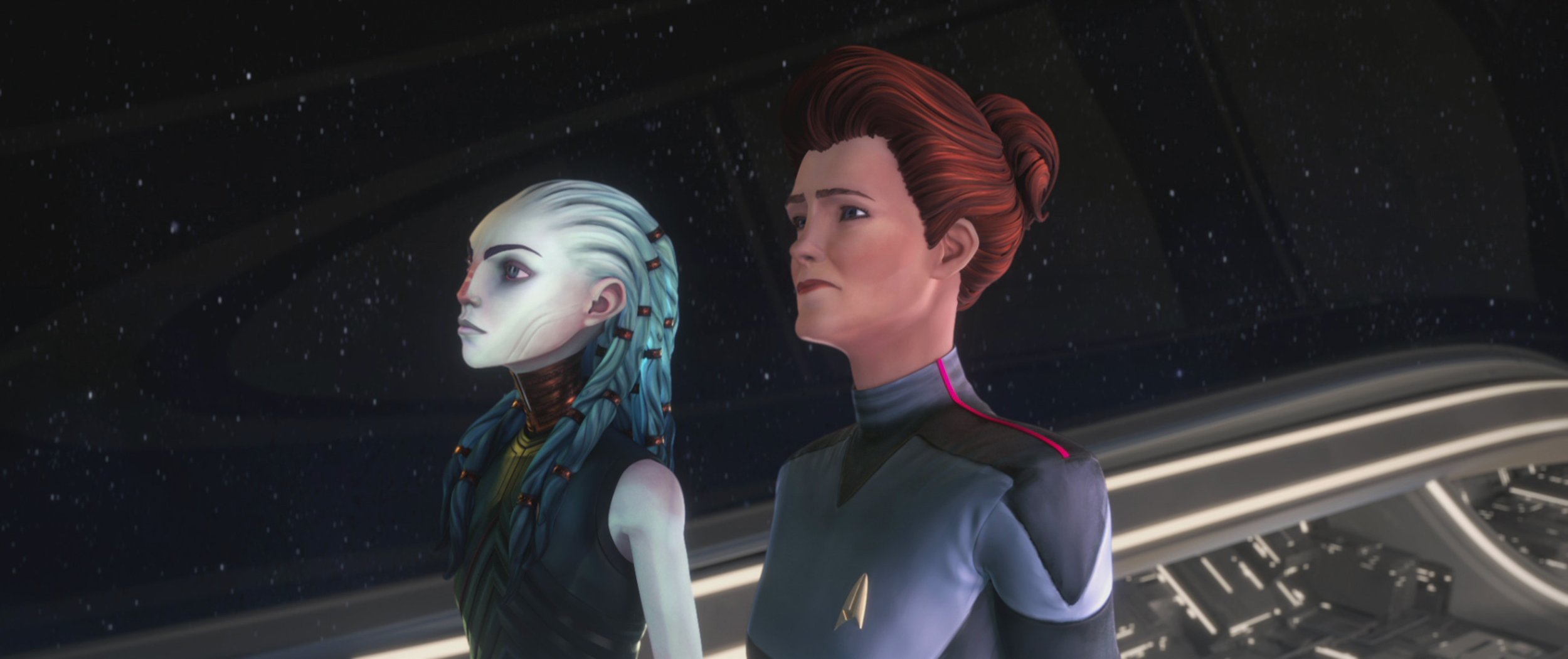   Ella Purnell  as Gwyn and  Kate Mulgrew  as Janeway in STAR TREK: PRODIGY.  Image: Nickelodeon/Paramount+.  