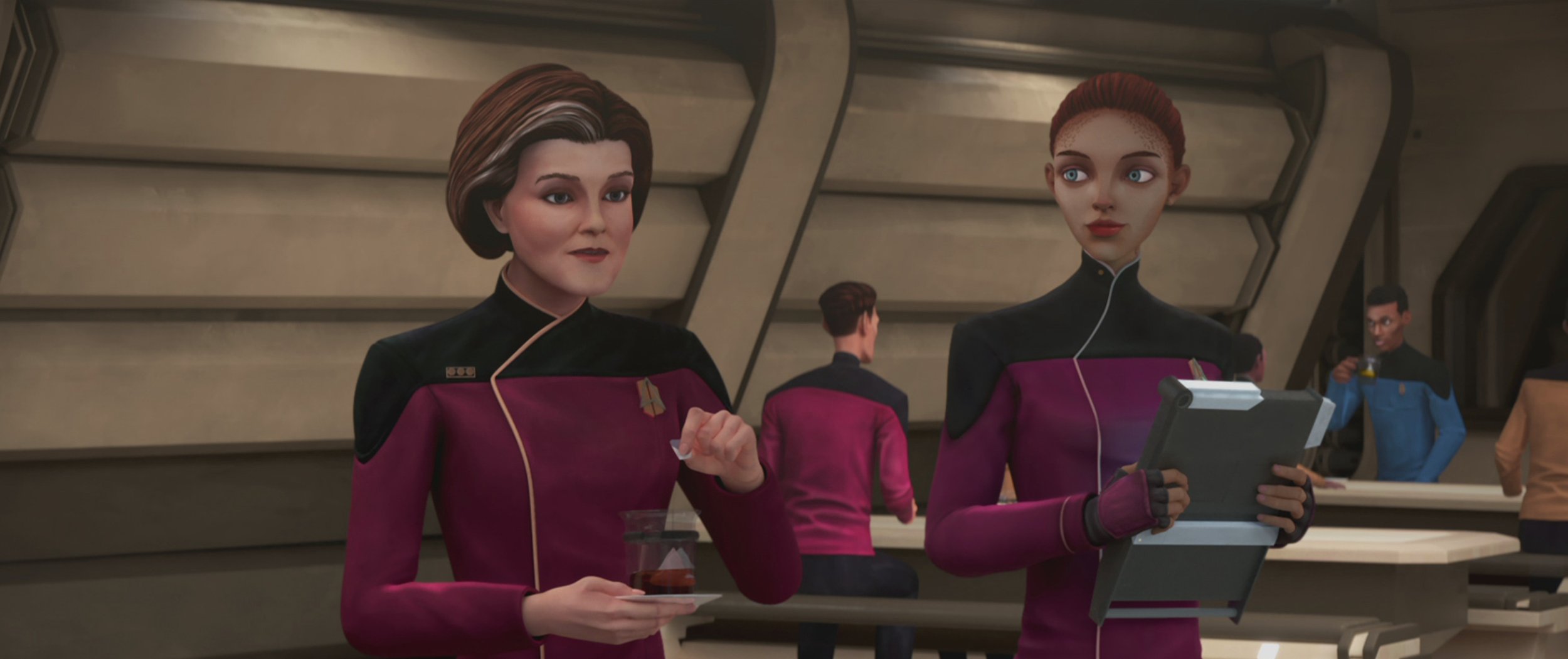   Kate Mulgrew  as Janeway and  Jameela Jamil    as Asencia in STAR TREK: PRODIGY.  Image: Nickelodeon/Paramount+.  