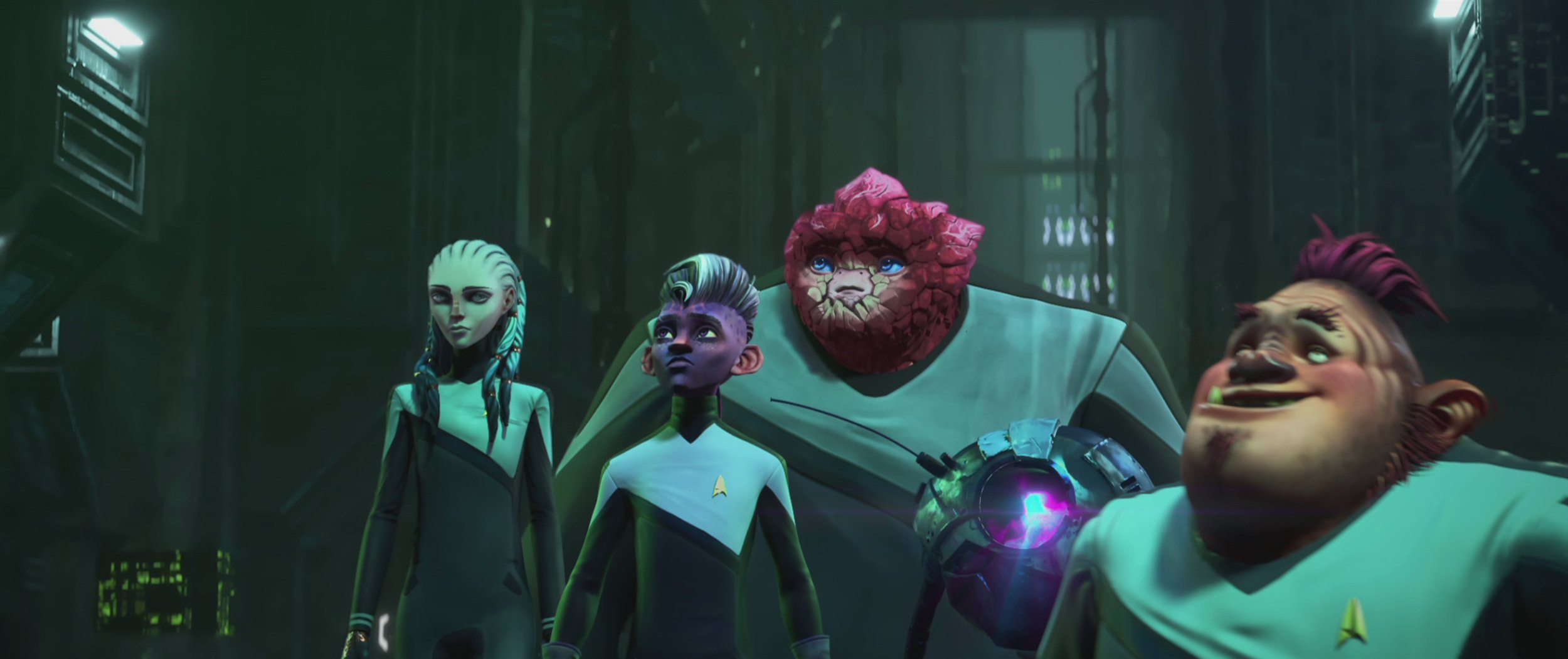   Ella Purnell  as Gwyn,  Brett Gray  as Dal,  Rylee Alazraqui  as Rok-Tahk,  Angus Imrie  as Zero, and  Jason Mantzoukas  as Jankom Pog in STAR TREK: PRODIGY.  Image: Nickelodeon/Paramount+.  