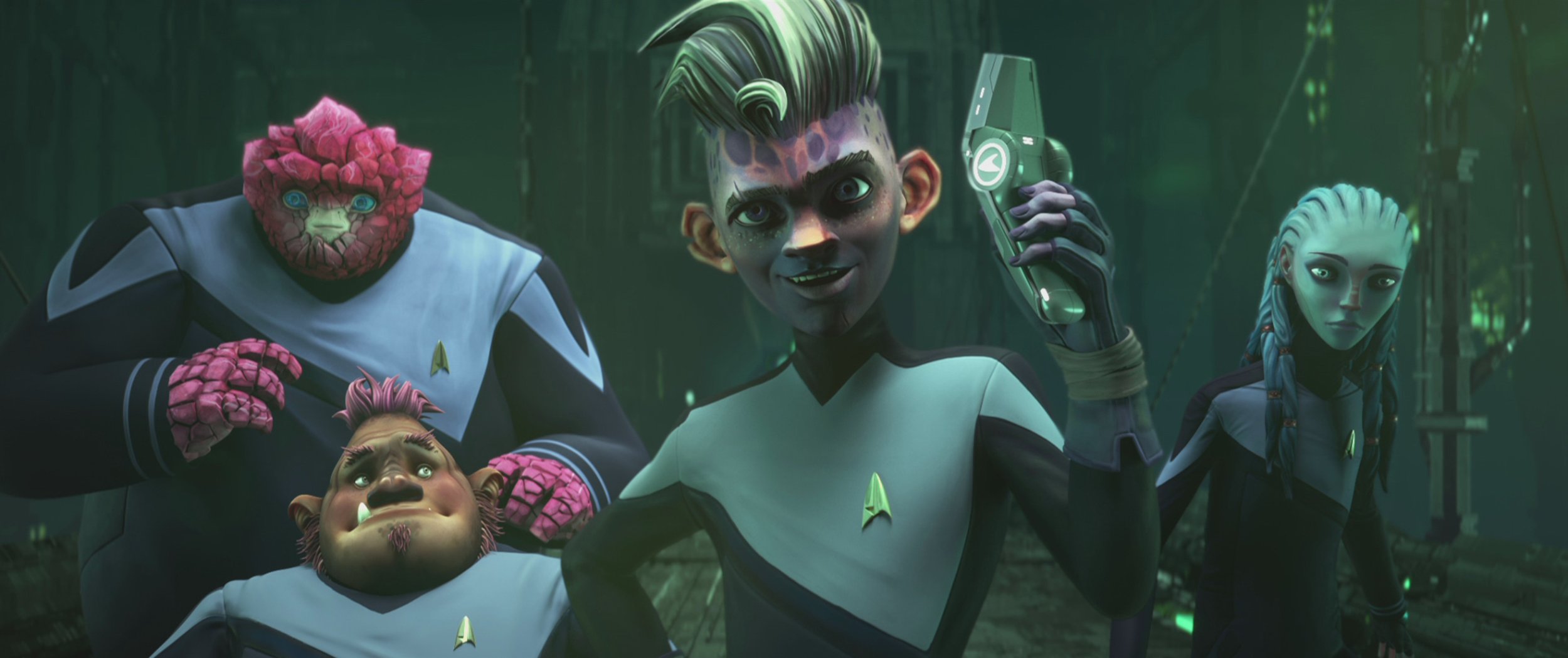   Rylee Alazraqui  as Rok-Tahk,  Jason Mantzoukas  as Jankom Pog,  Brett Gray  as Dal, and  Ella Purnell  as Gwyn in STAR TREK: PRODIGY.  Image: Nickelodeon/Paramount+.  