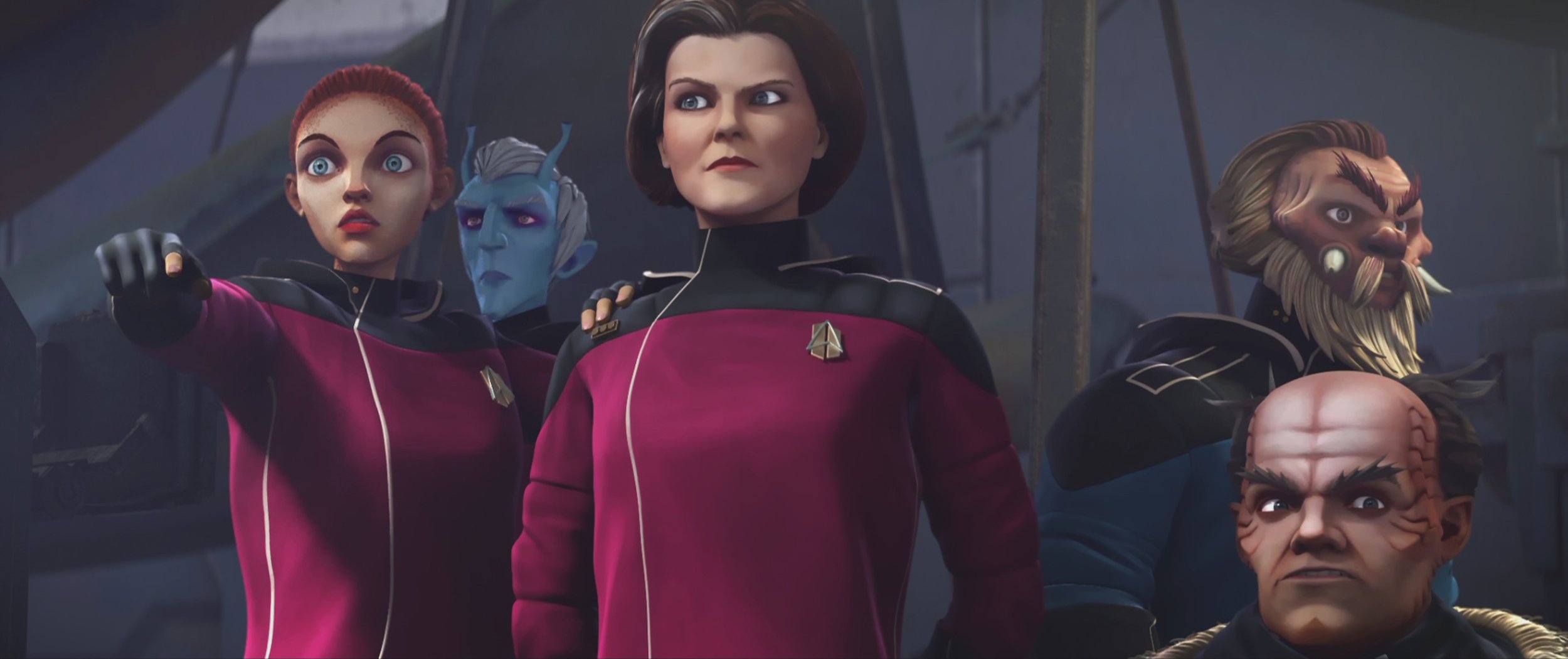   Jameela Jamil  as Ensign Asencia,  Daveed Diggs  as Commander Tyses,  Kate Mulgrew  as Janeway, and  Jason Alexander  as Dr. Noum in STAR TREK: PRODIGY.  Image: Nickelodeon/Paramount+.  