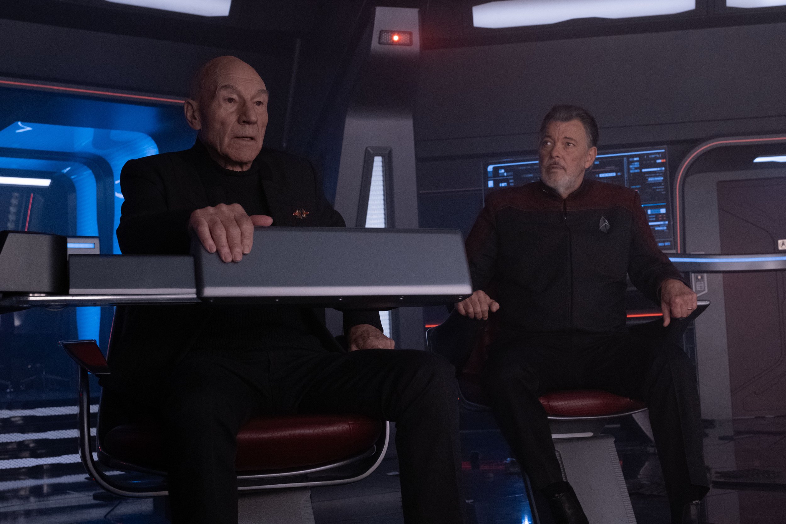  Patrick Stewart  as Picard and  Jonathan Frakes  as Riker.  Photo Credit: Trae Patton/Paramount+.  