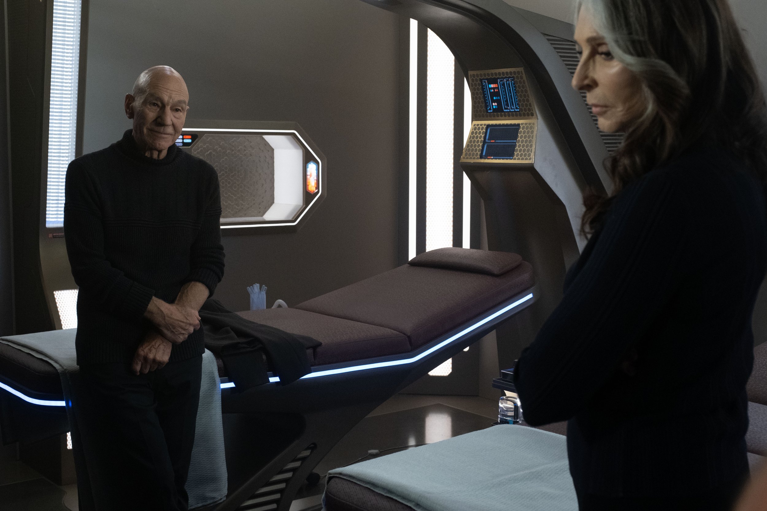   Patrick Stewart  as Picard and  Gates McFadden  as Dr. Beverly Crusher.  Photo Credit: Trae Patton/Paramount+.  