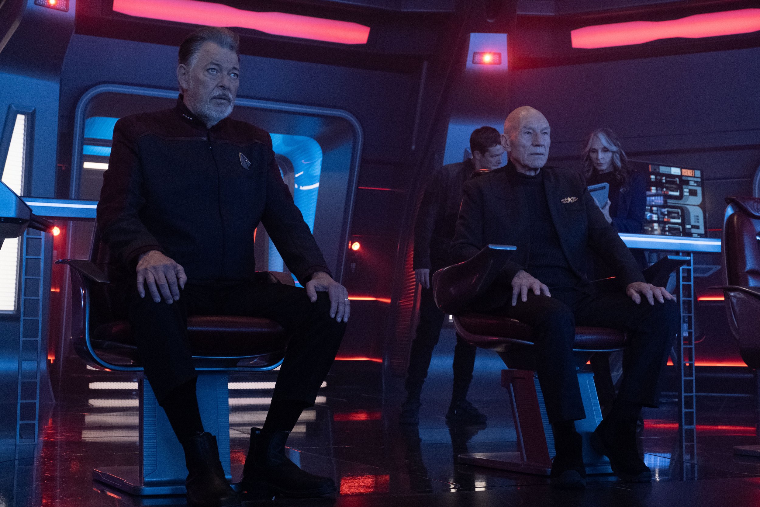   Jonathan Frakes  as Will Riker and  Patrick Stewart  as Picard.  Photo Credit: Trae Patton/Paramount+.  