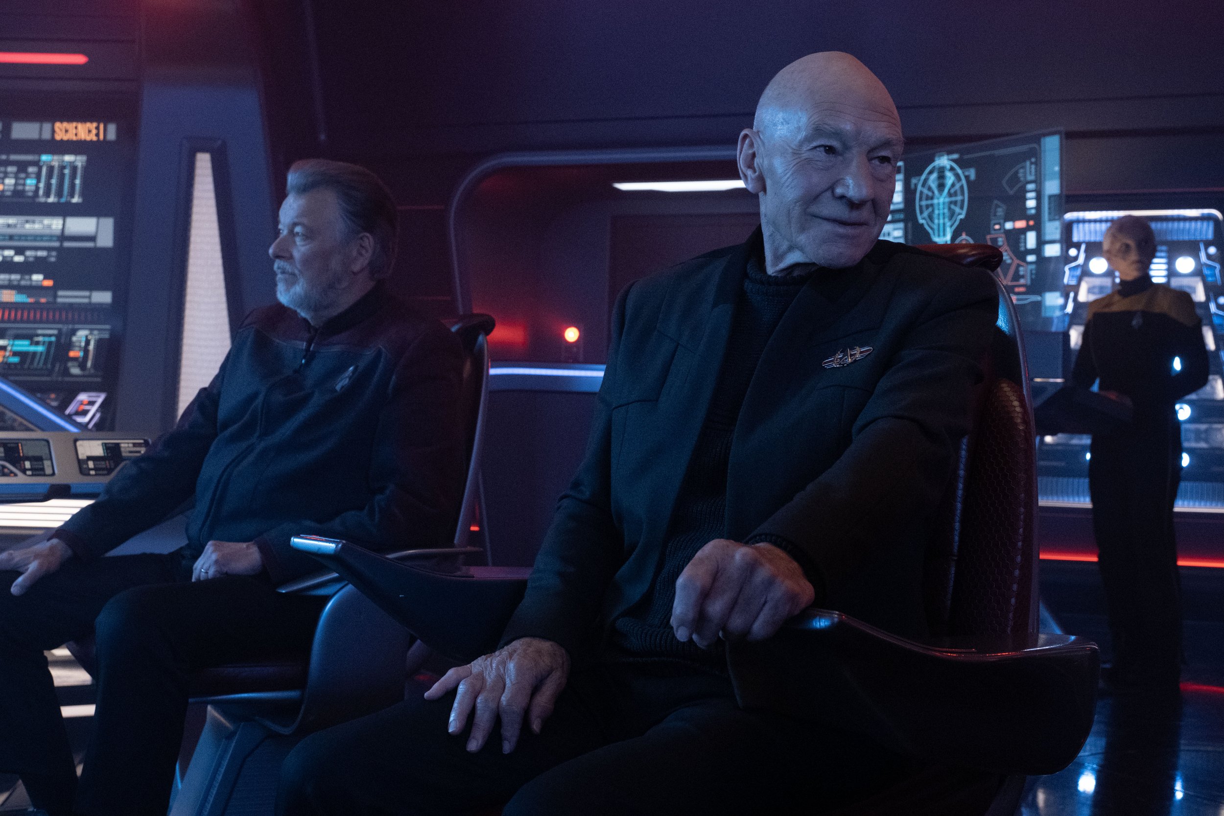   Jonathan Frakes  as Will Riker and  Patrick Stewart  as Picard.  Photo Credit: Trae Patton/Paramount+.  
