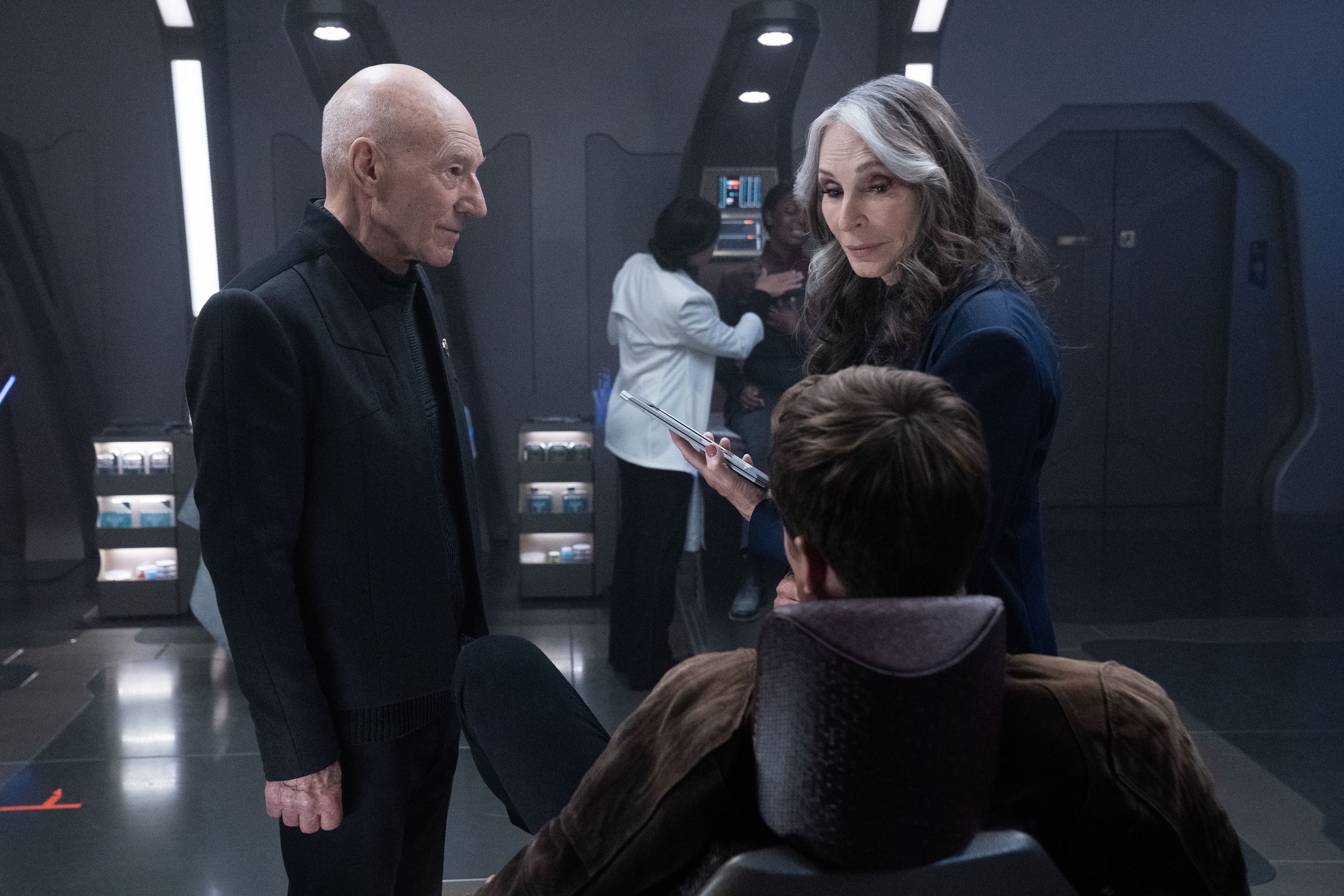   Patrick Stewart  as Picard,  Ed Speleers  as Jack Crusher and  Gates McFadden  as Dr. Beverly Crusher.  Photo Credit: Monty Brinton /Paramount+.  