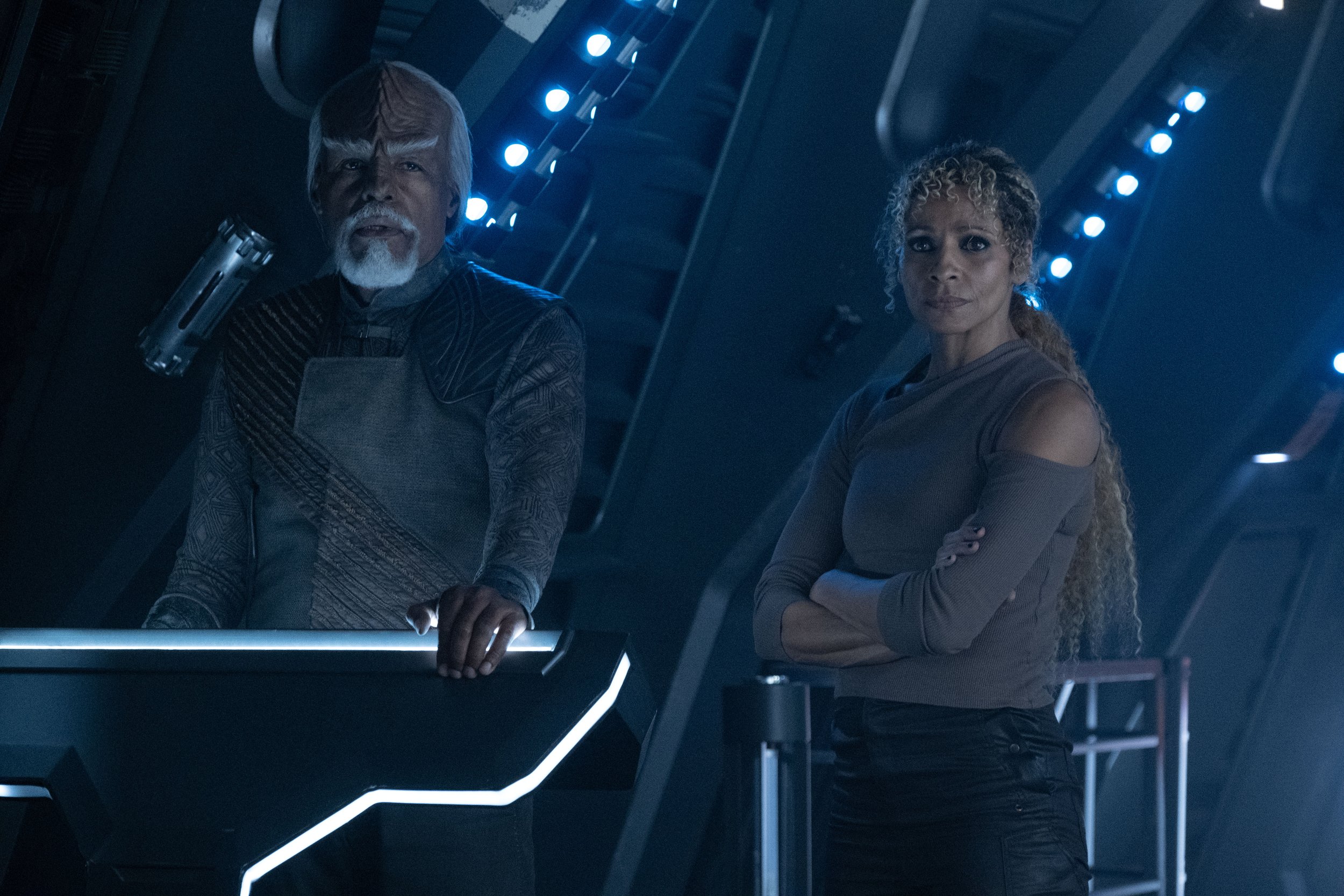   Michael Dorn  as Worf and  Michelle Hurd  as Raffi Musiker.  Photo Credit: Trae Patton/ Paramount+.  