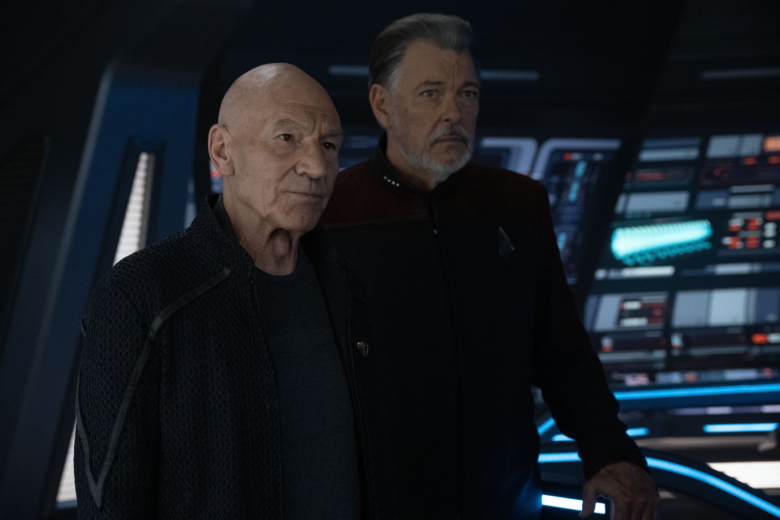   Patrick Stewart  as Picard and  Jonathan Frakes  as Will Riker.  Photo Credit: Trae Patton/ Paramount+.  