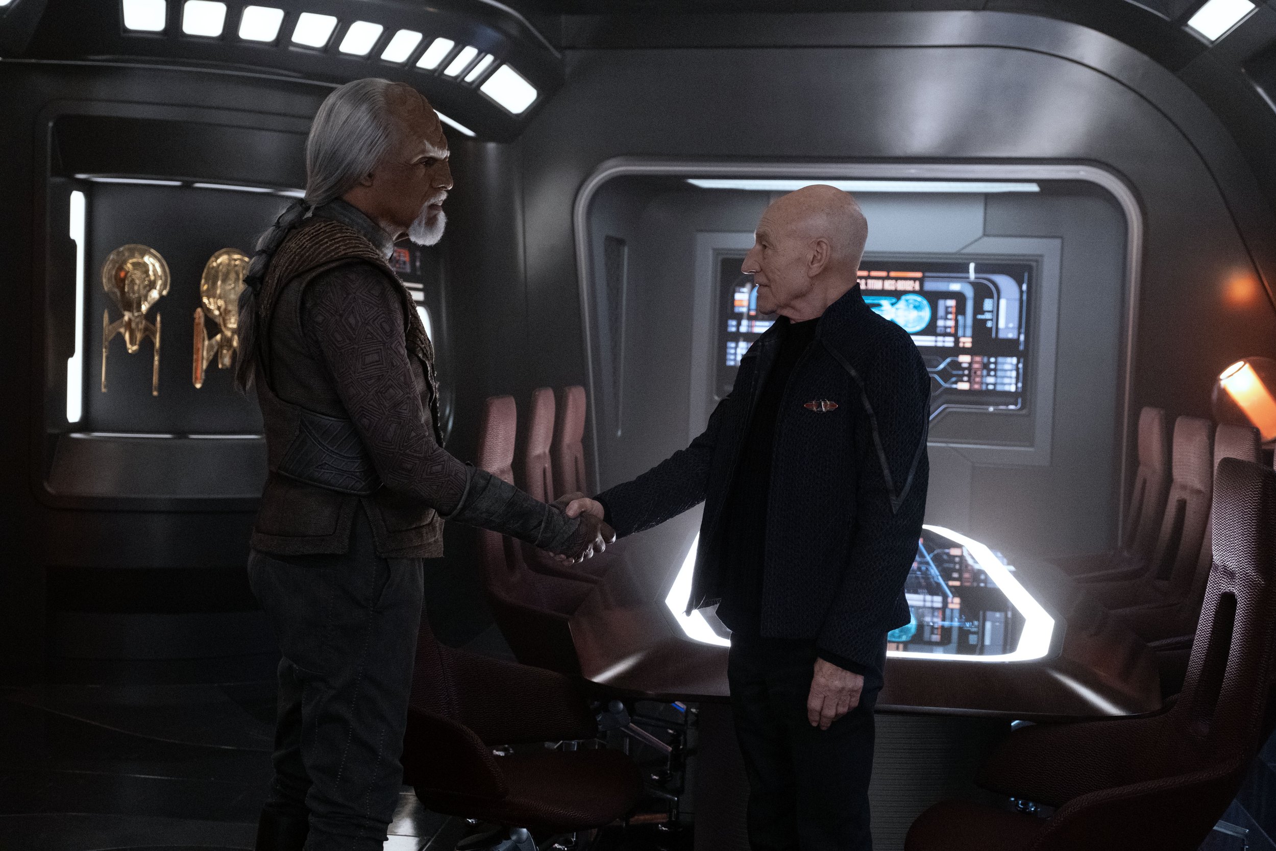   Michael Dorn  as Worf and  Patrick Stewart  as Picard.  Photo Credit: Trae Patton/Paramount+.  