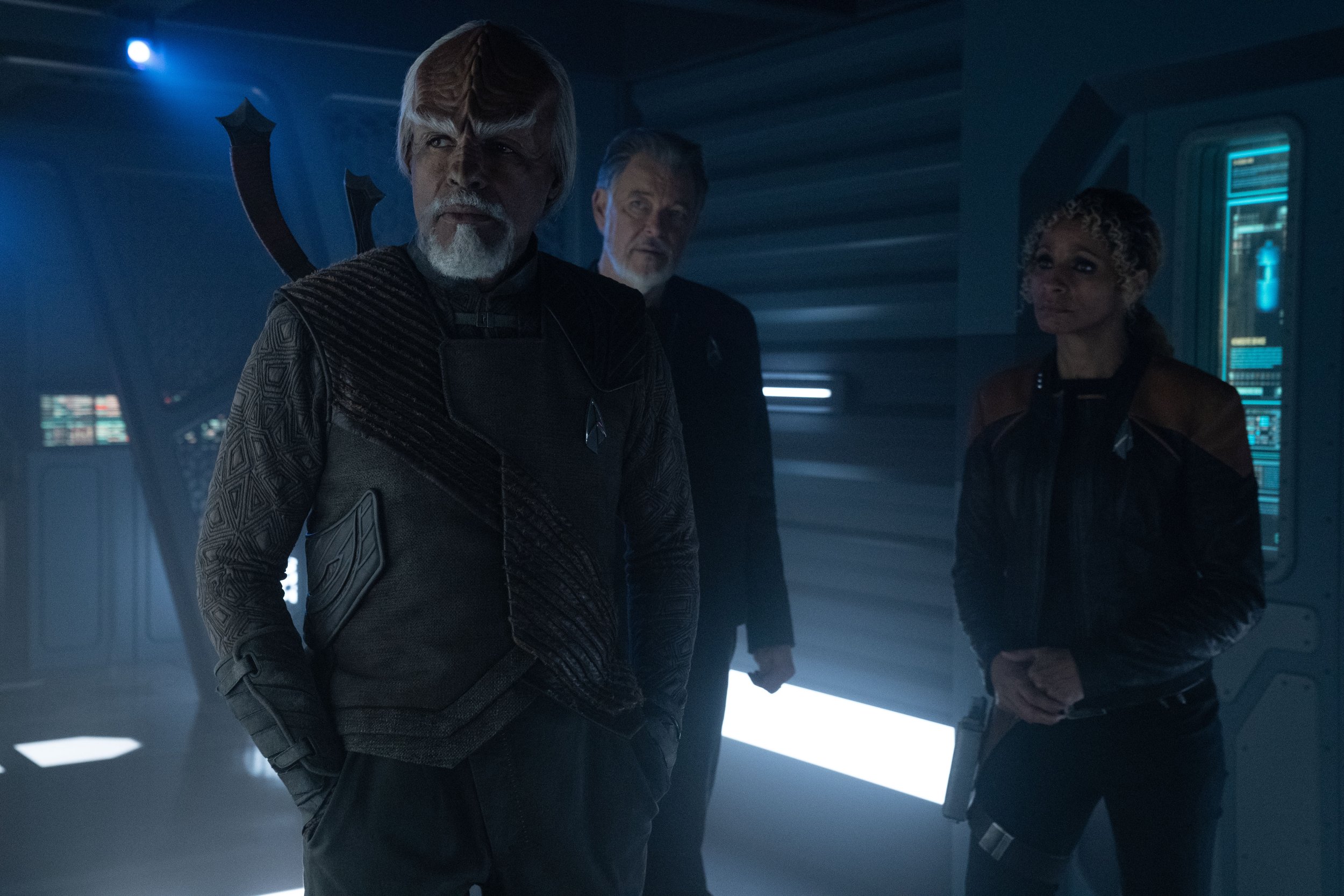   Michelle Hurd  as Raffi Musiker,  Jonathan Frake s as Will Riker and  Michael Dorn  as Worf.  Photo Credit: Trae Patton/Paramount+.  