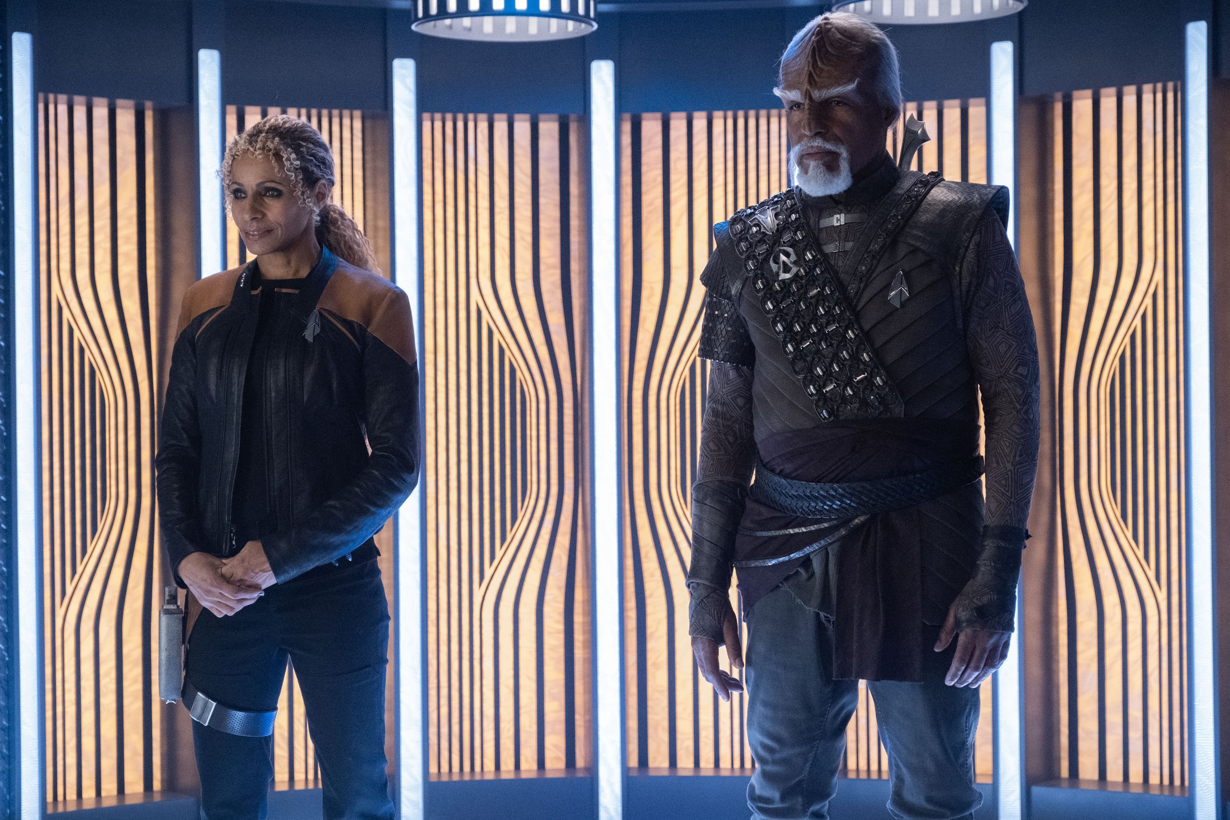   Michelle Hurd  as Raffi Musiker and  Michael Dorn  as Worf.  Photo Credit: Trae Patton/Paramount+.  
