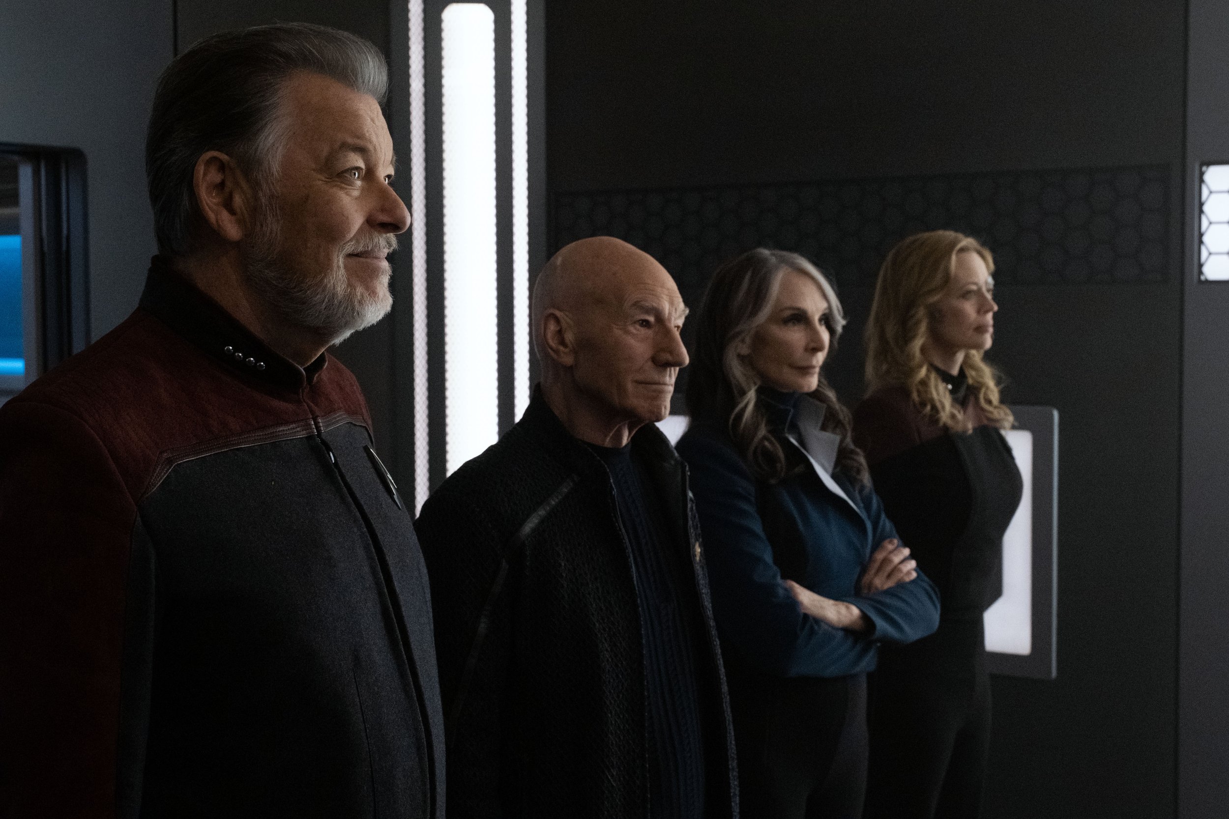   Jeri Ryan  as Seven of Nine,  Patrick Stewart  as Picard,  Gates McFadden  as Dr. Beverly Crusher and  Jonathan Frakes  as Will Riker.  Photo Credit: Trae Patton/Paramount+.  