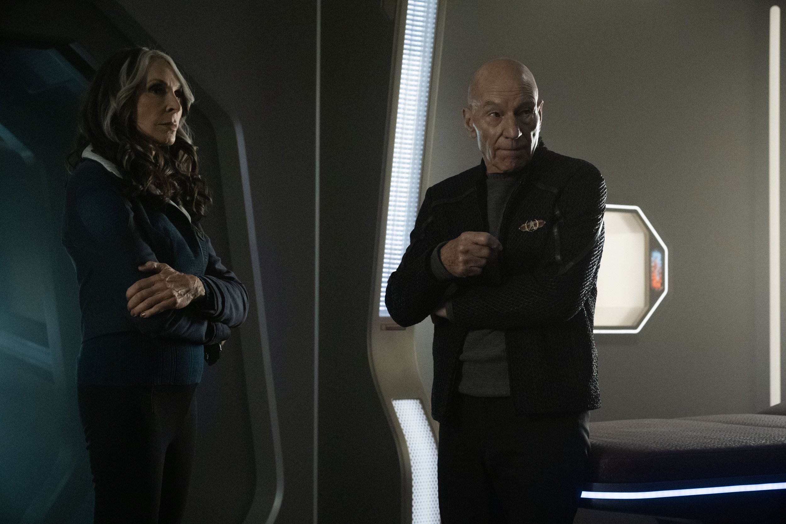   Gates McFadden  as Dr. Beverly Crusher and  Patrick Stewart  as Picard.  Photo Credit: Trae Patton/Paramount+.  