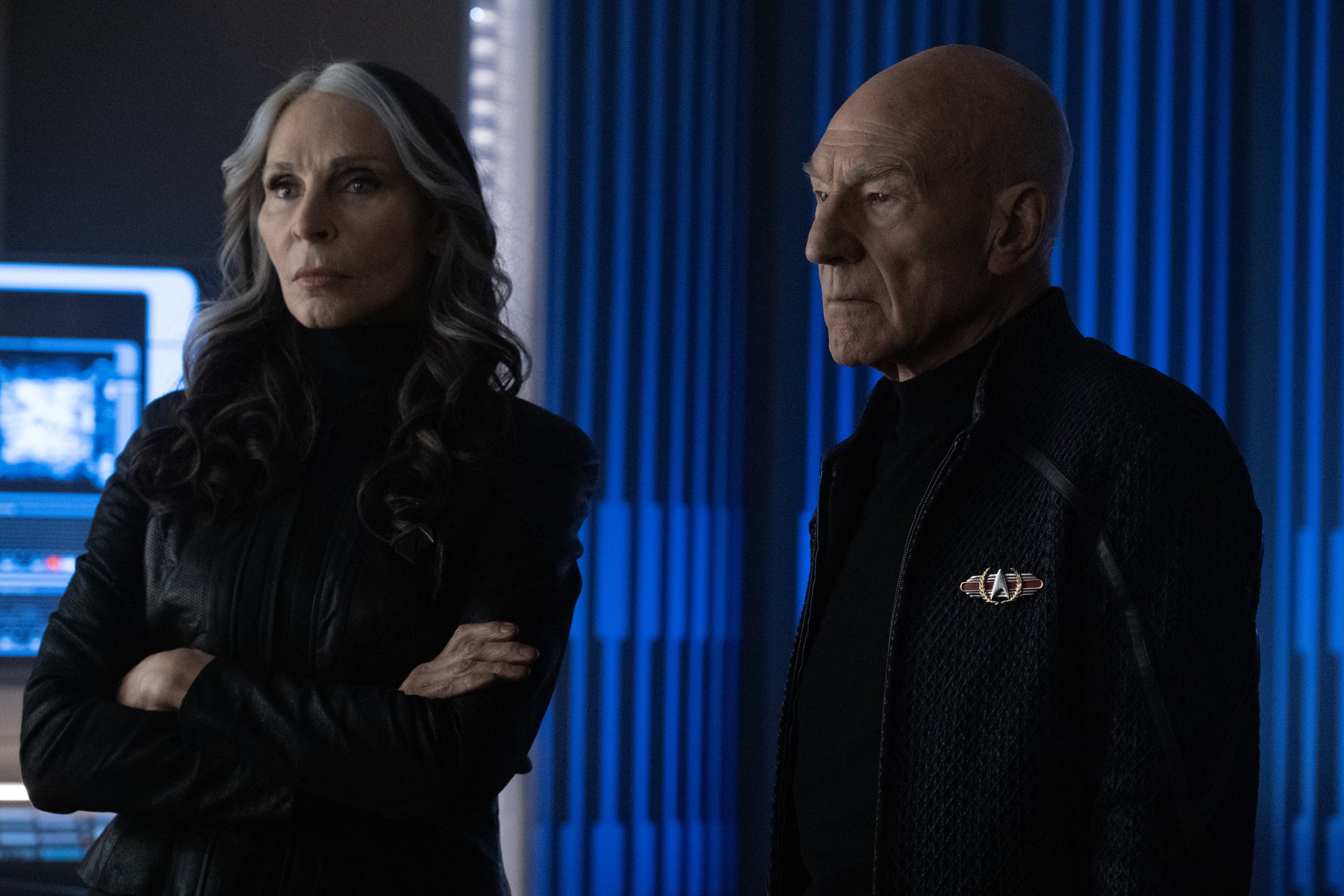   Gates McFadden  as Dr. Beverly Crusher and  Patrick Stewart  as Picard.  Photo Credit: Trae Patton/Paramount+.  