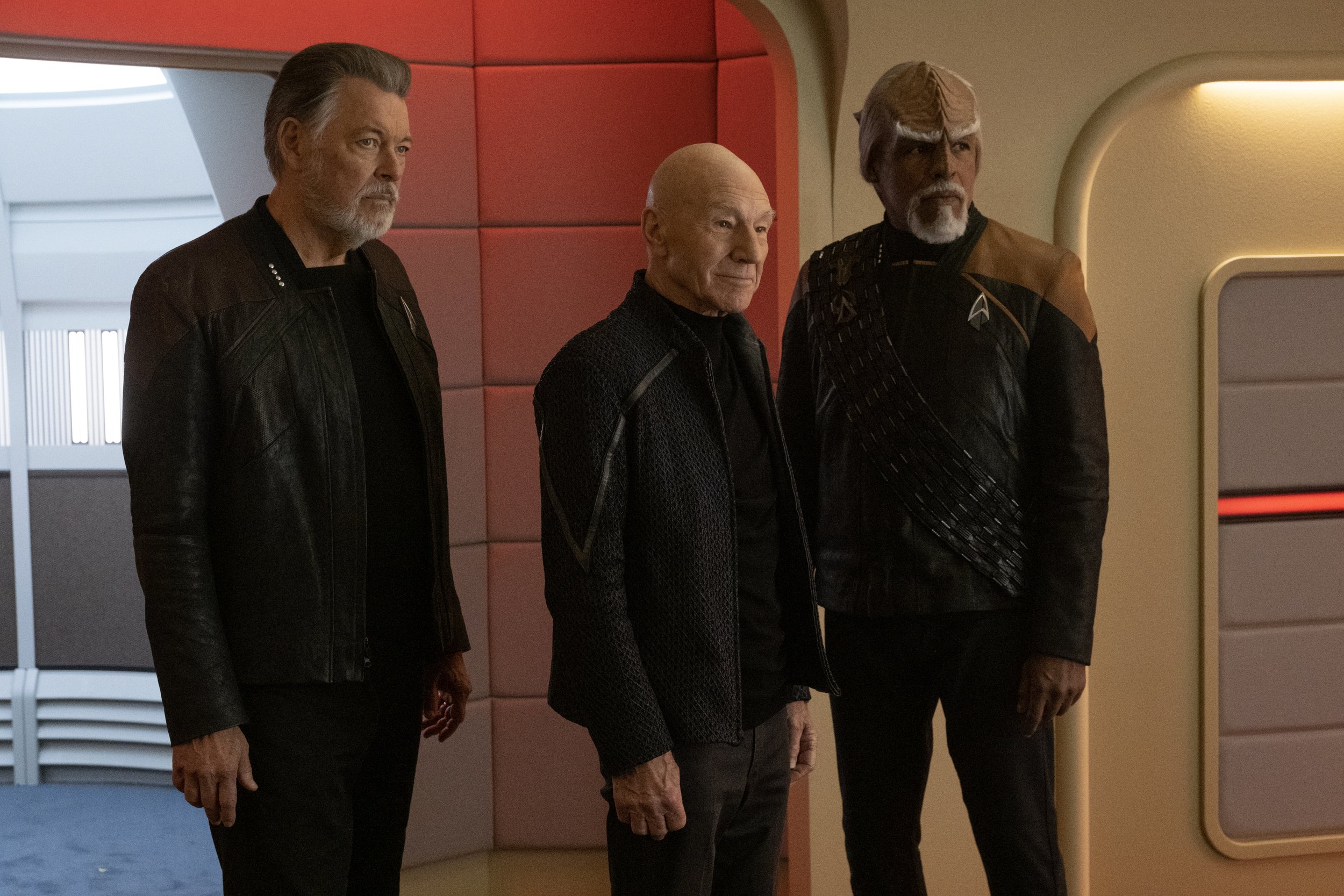   Jonathan Frakes  as Will Riker,  Patrick Stewart  as Picard and  Michael Dorn  as Worf.  Photo Credit: Trae Patton/Paramount+.  