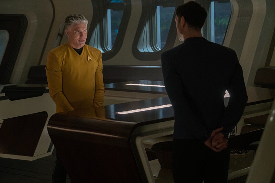   Anson Mount  as Capt. Pike and  Ethan Peck  as Spock. Photo Credit: Michael Gibson/Paramount+ 
