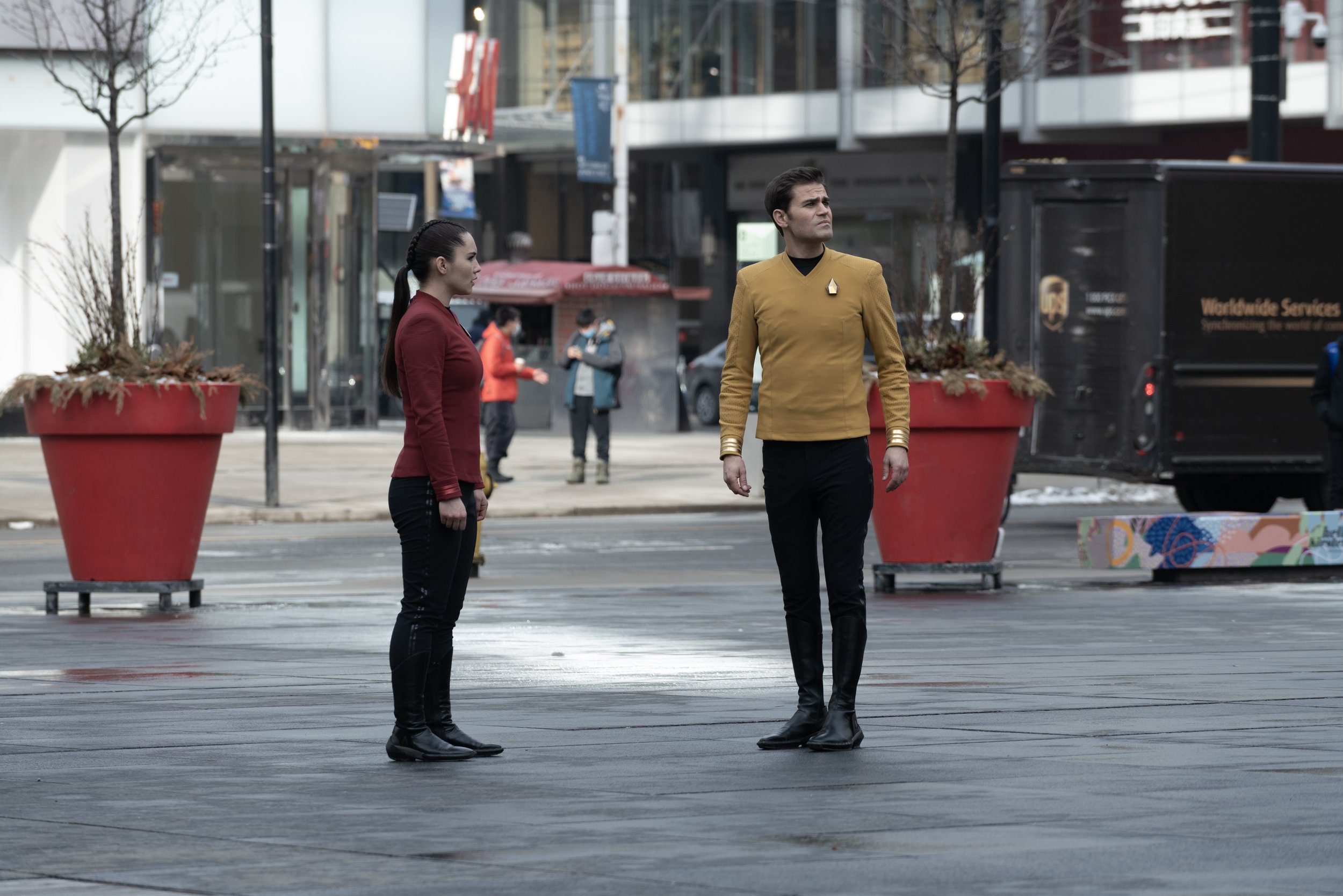   Christina Chong  as La’an and  Paul Wesley  as Kirk. Photo Credit: Michael Gibson/Paramount+. 