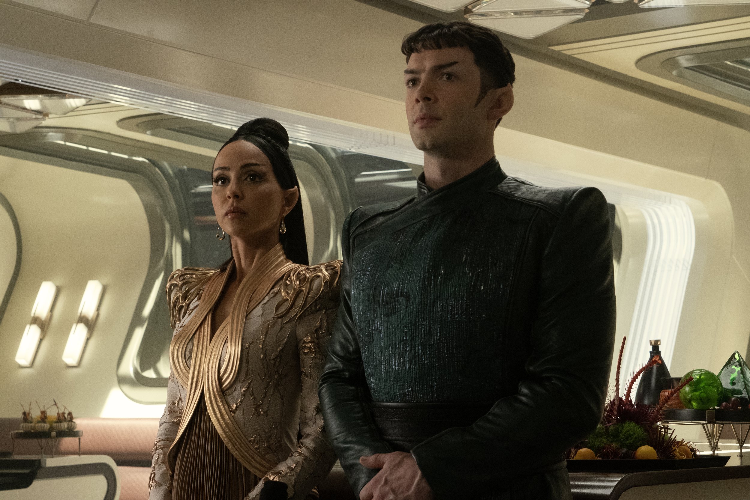   Gia Sandhu  as T'Pring and  Ethan Peck  as Spock. Photo Credit: Michael Gibson/Paramount+ 